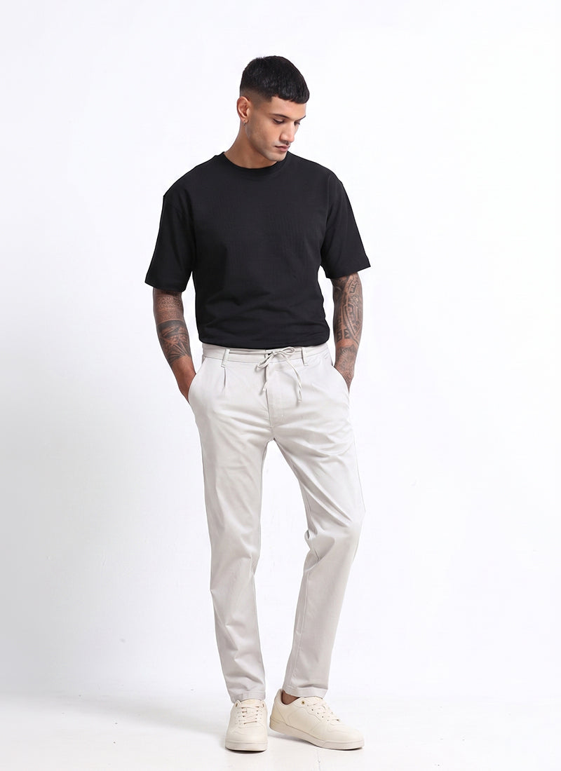 AIRY TWILL LYCRA Regular Fit Drawstring Trousers Light Grey
