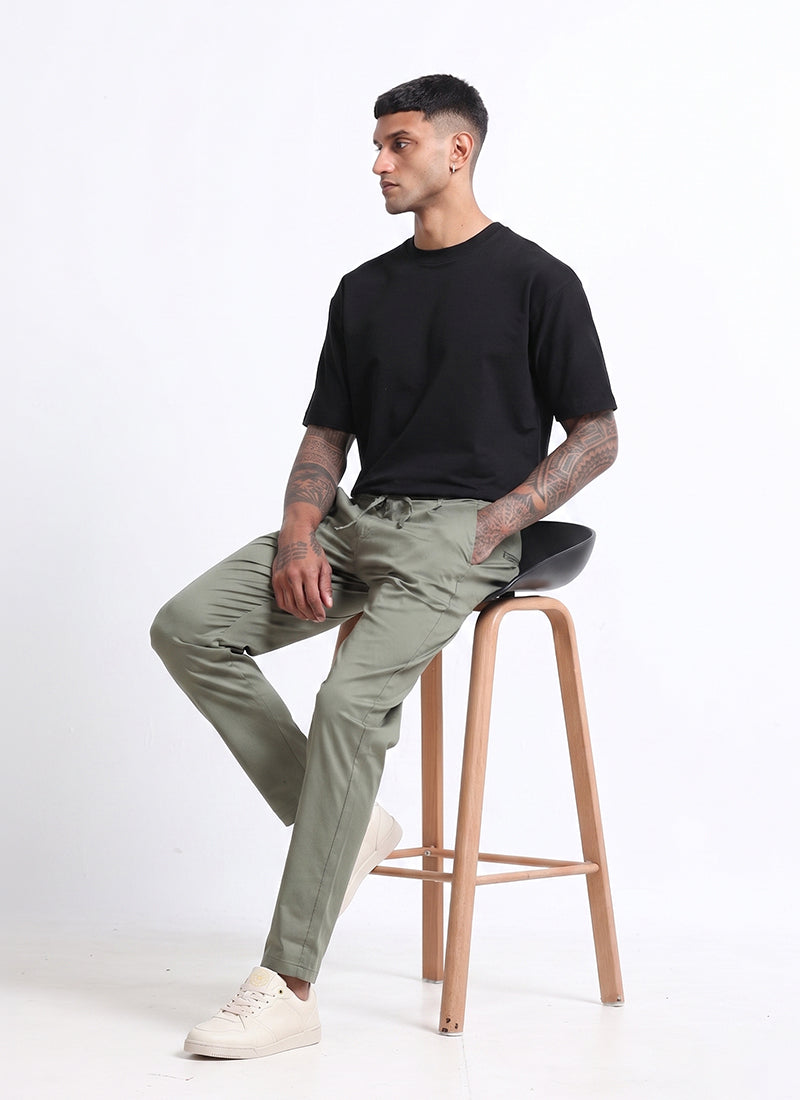 AIRY TWILL LYCRA Regular Fit Drawstring Trousers Sage Green