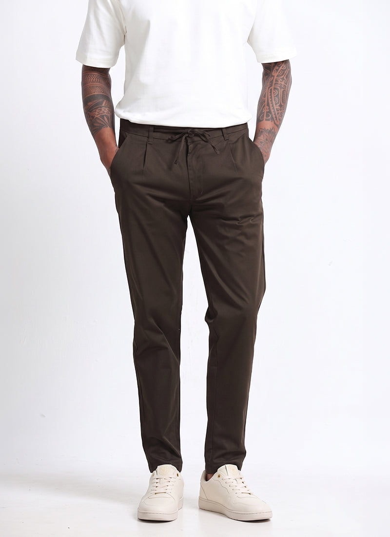 AIRY TWILL LYCRA Regular Fit Drawstring Trousers Umber Brown