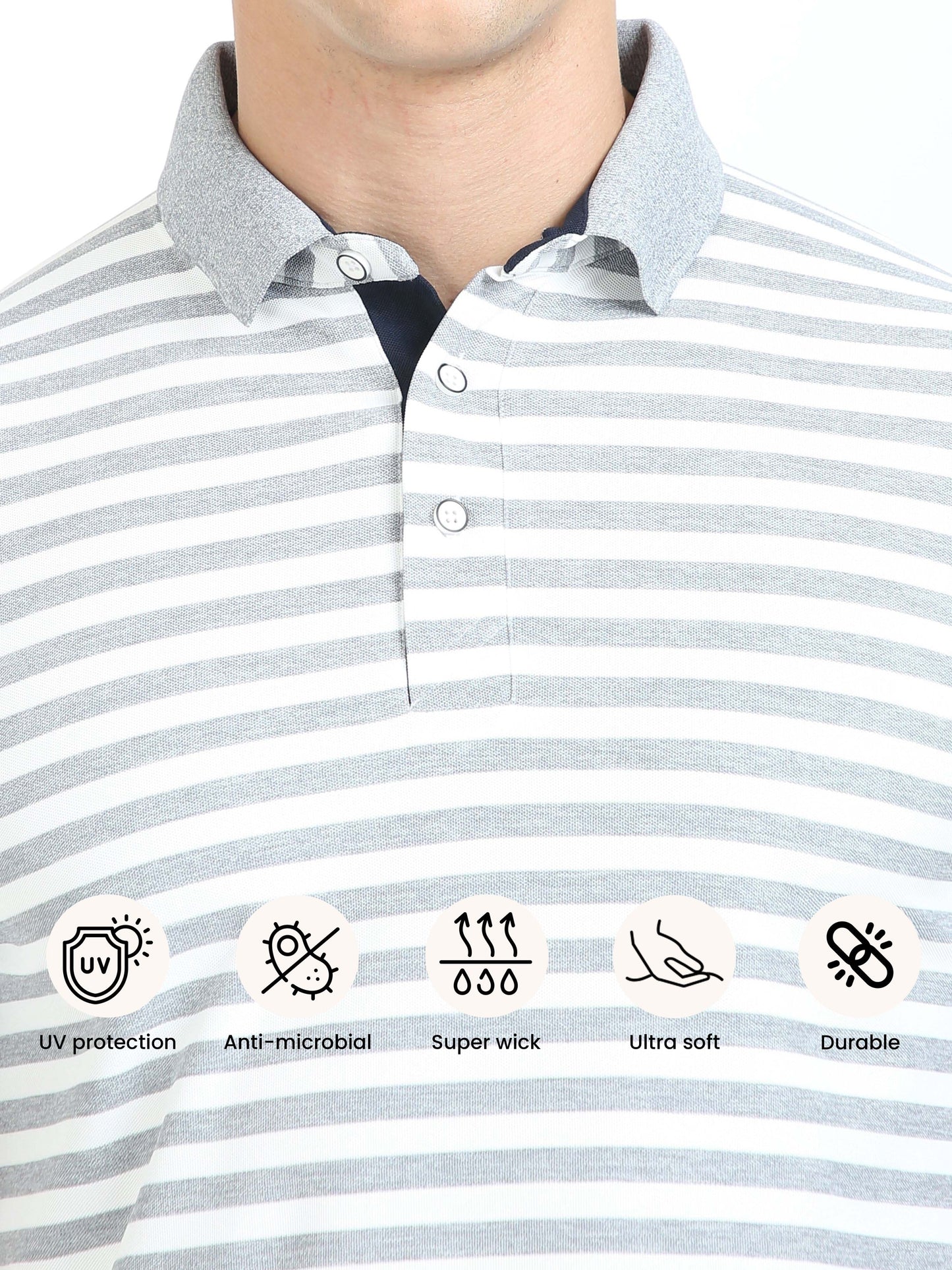 White & Grey Stripe Men's Polo T-shirt