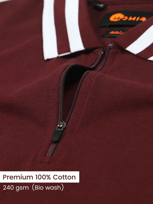 Plus White Striped Collar Sepia Maroon T Shirt for Men