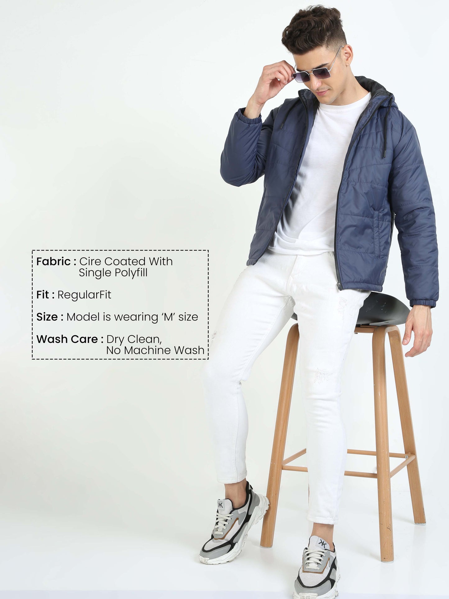 Men Navy Blue Bomber Jacket with Hood