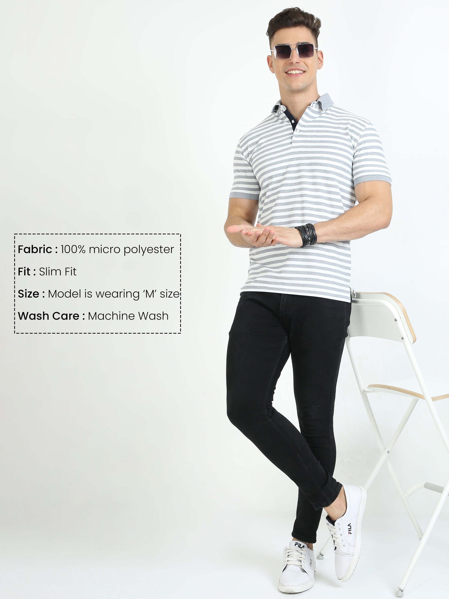 White & Grey Stripe Men's Polo T-shirt