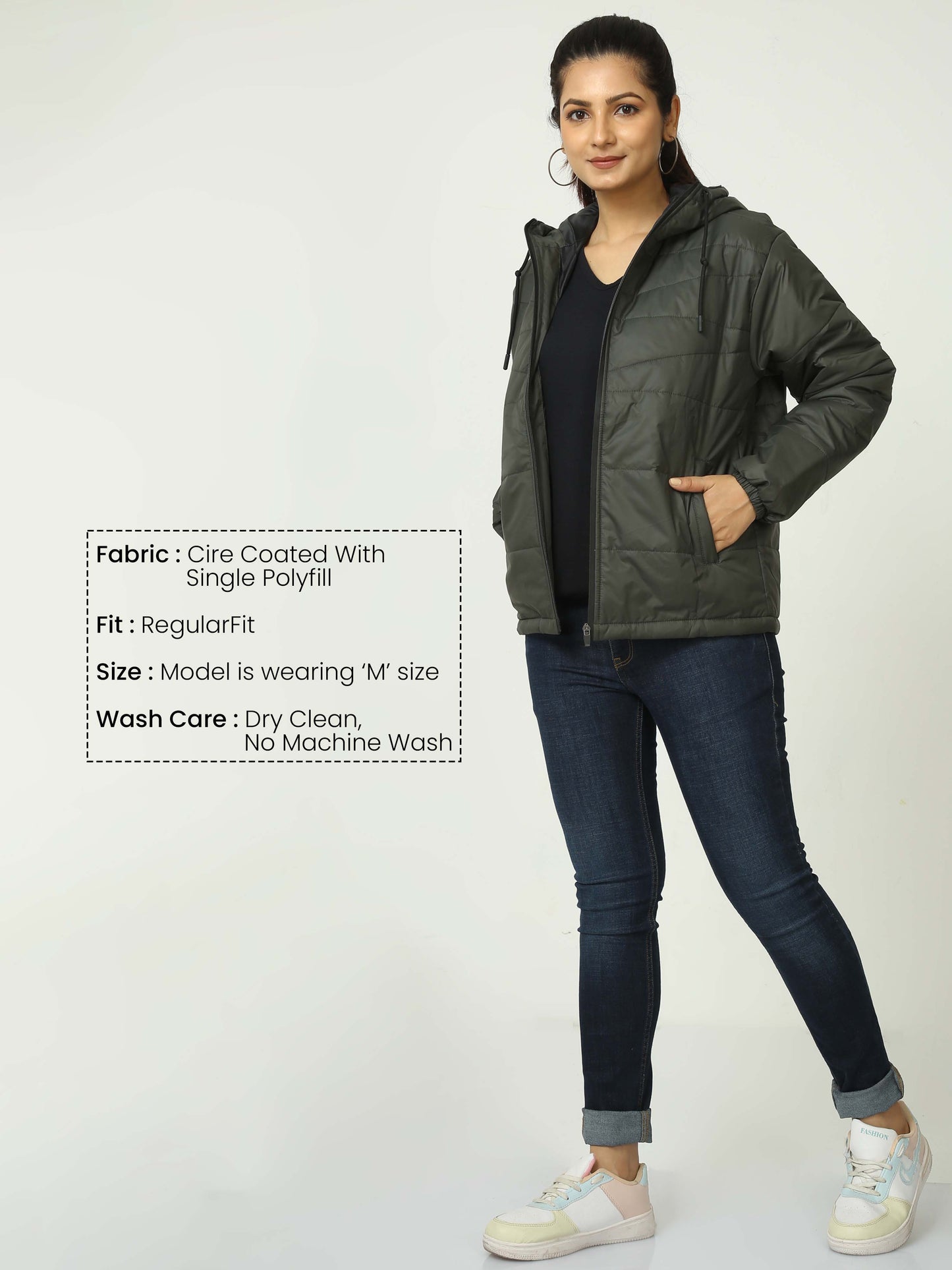Women Olive Green Bomber Jacket with Hood