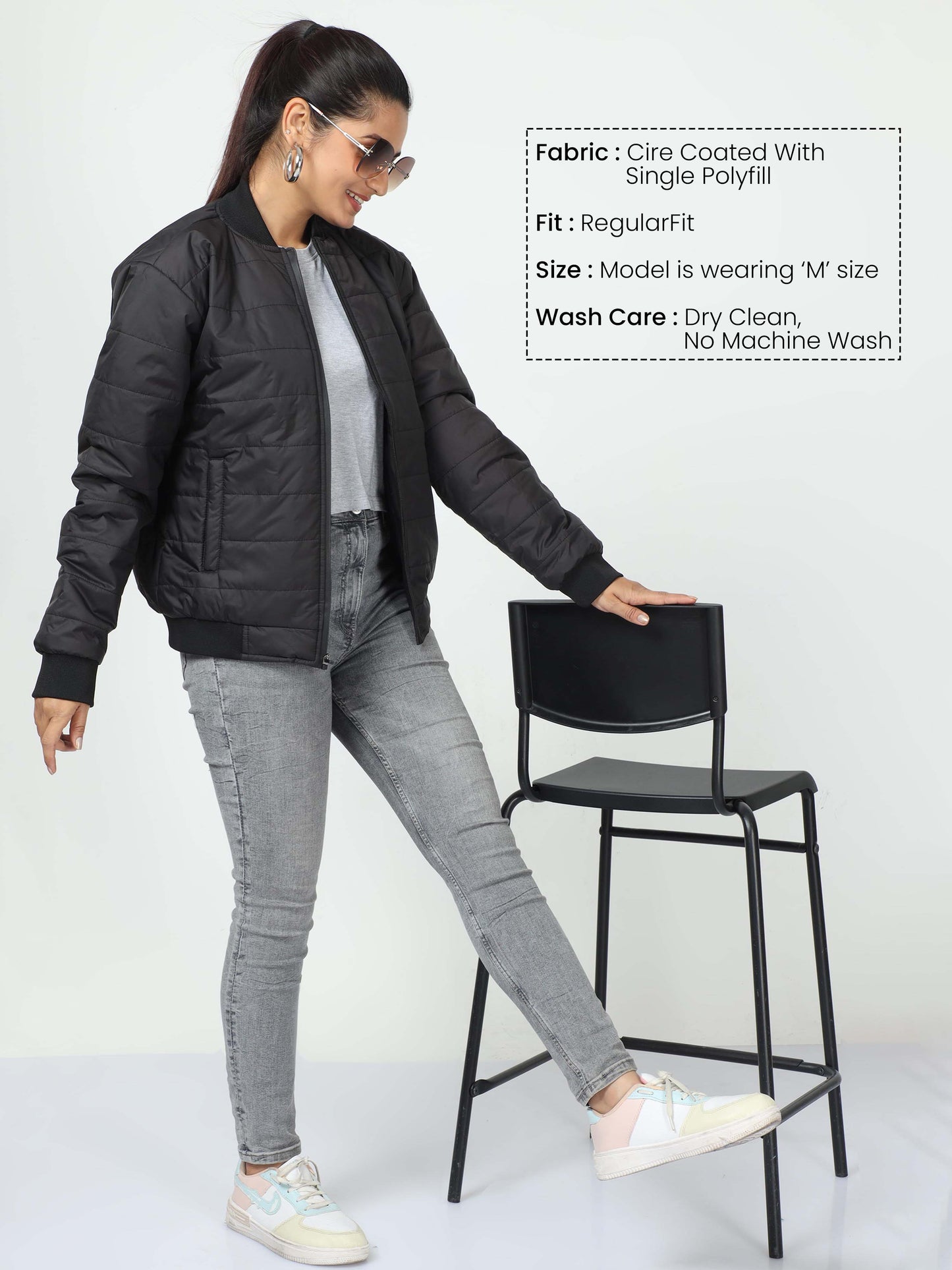Women Black Bomber Rib Style Jacket
