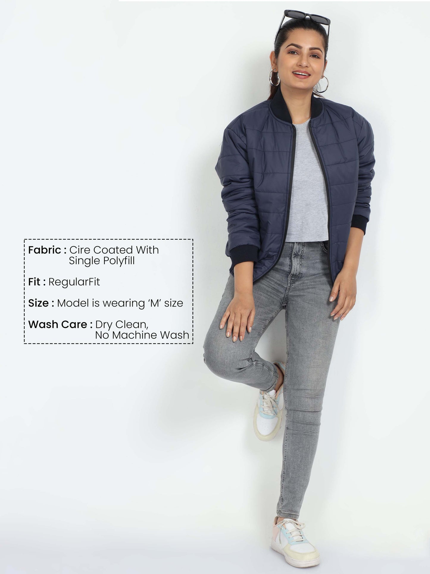 Women Navy Blue Bomber Rib Style Jacket