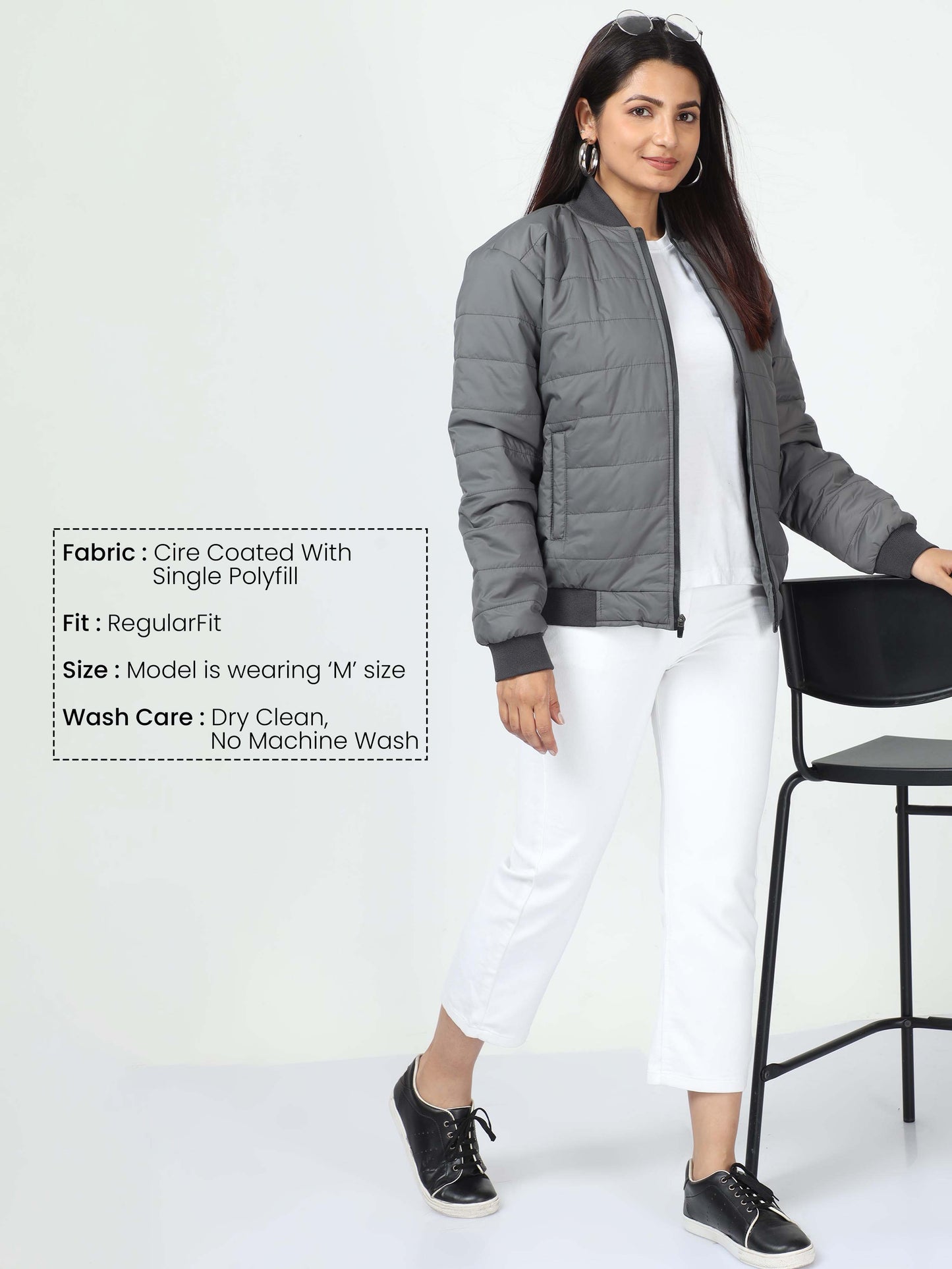 Women Grey Bomber Rib Style Jacket