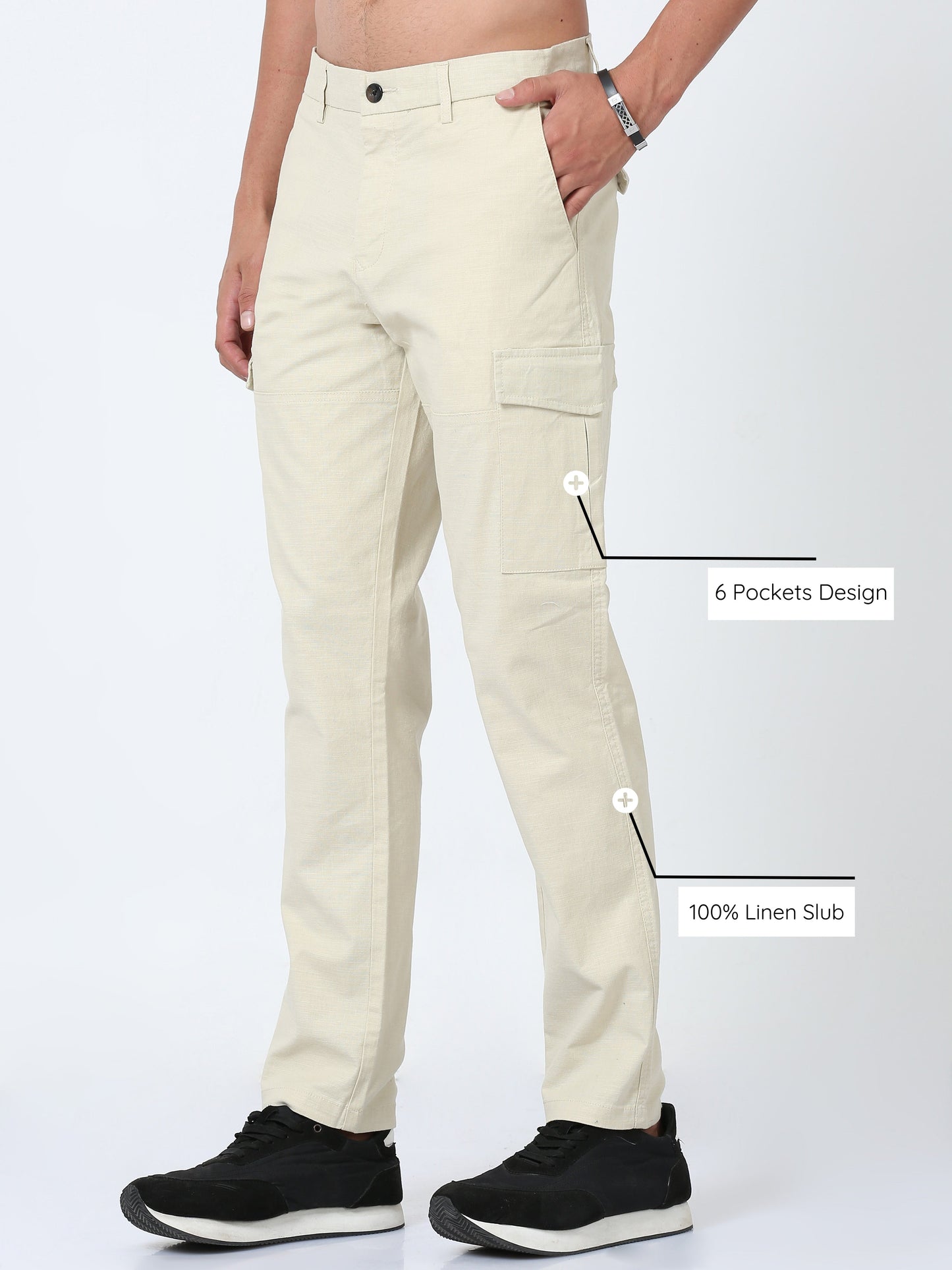 Men Lazy linen Cargo Pants-Cream