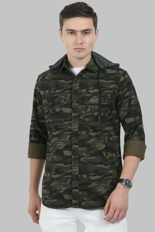 Double Pocket Green Printed Hoodie for Men