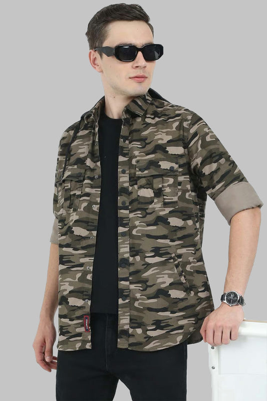 Men Double Pocket Hoodie-Print-Cream