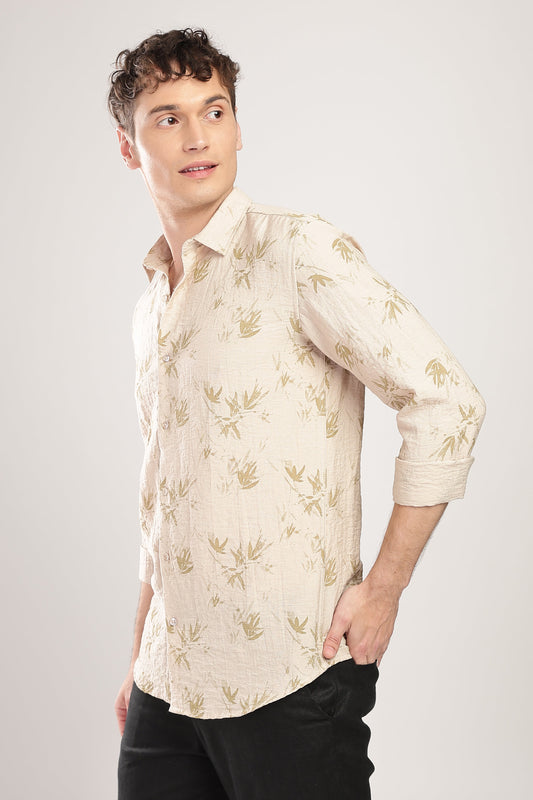 Men Linen Like Printed Shirt-Beige