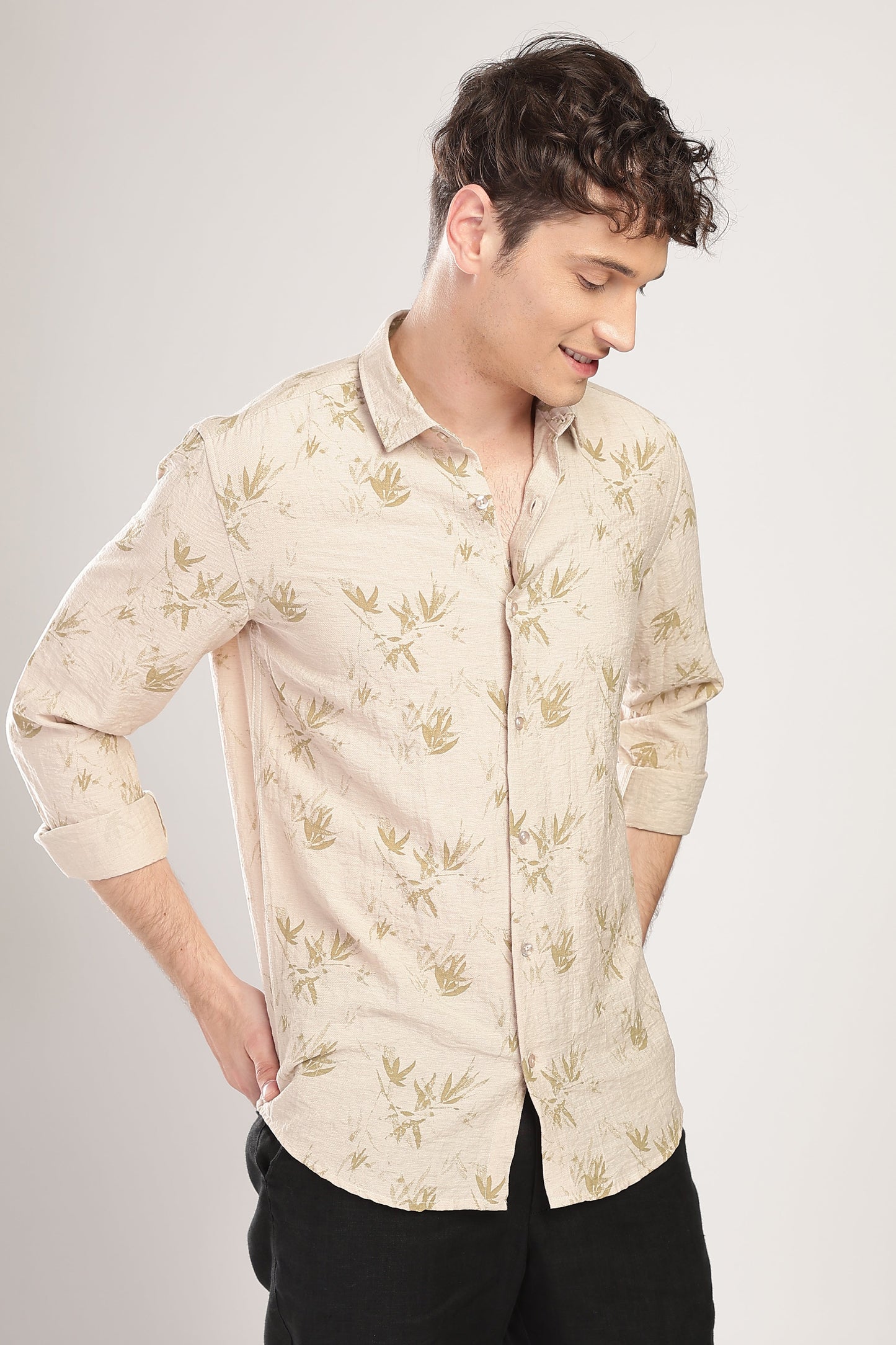 Men Linen Like Printed Shirt-Beige