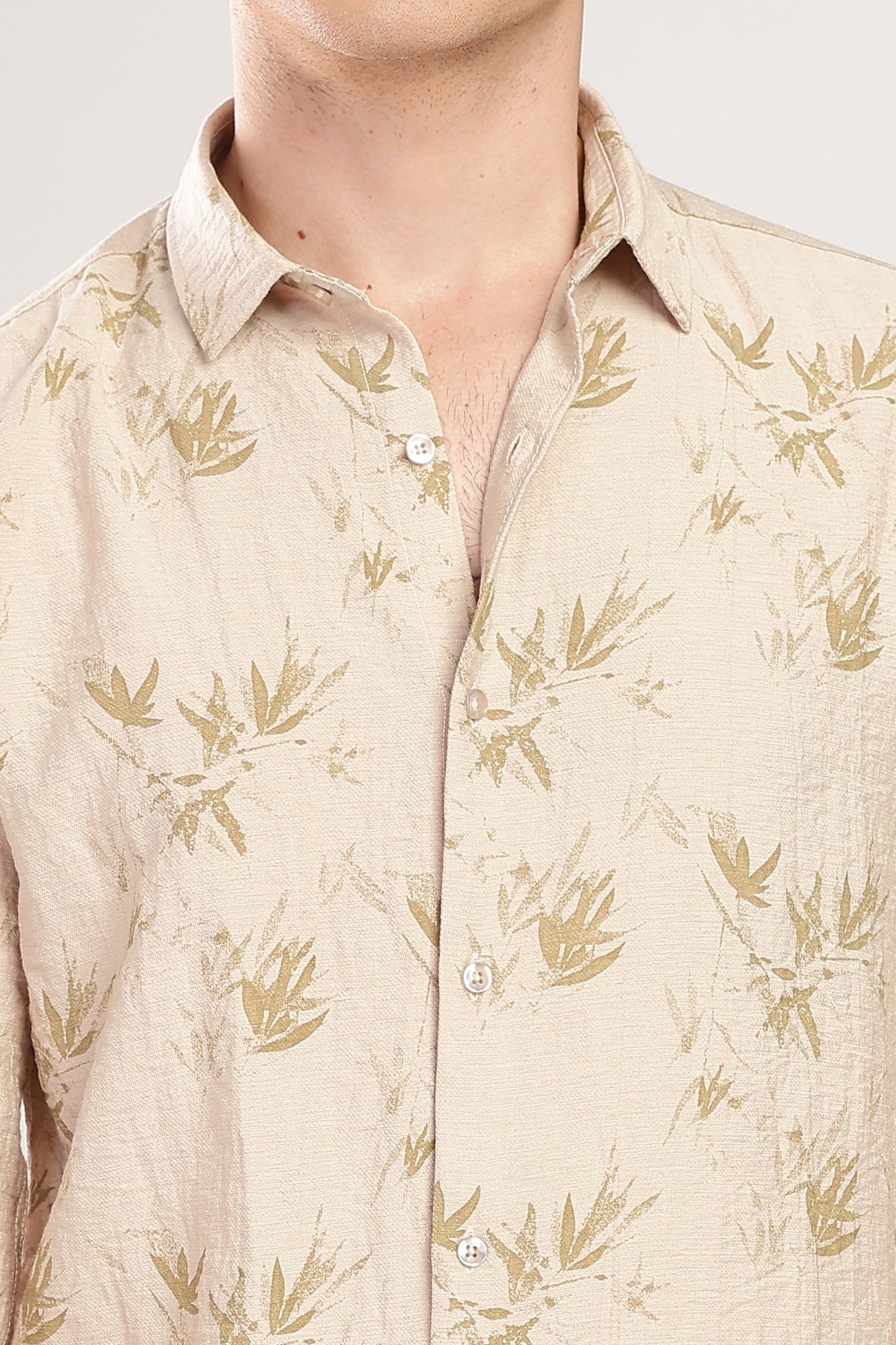 Men Linen Like Printed Shirt-Beige