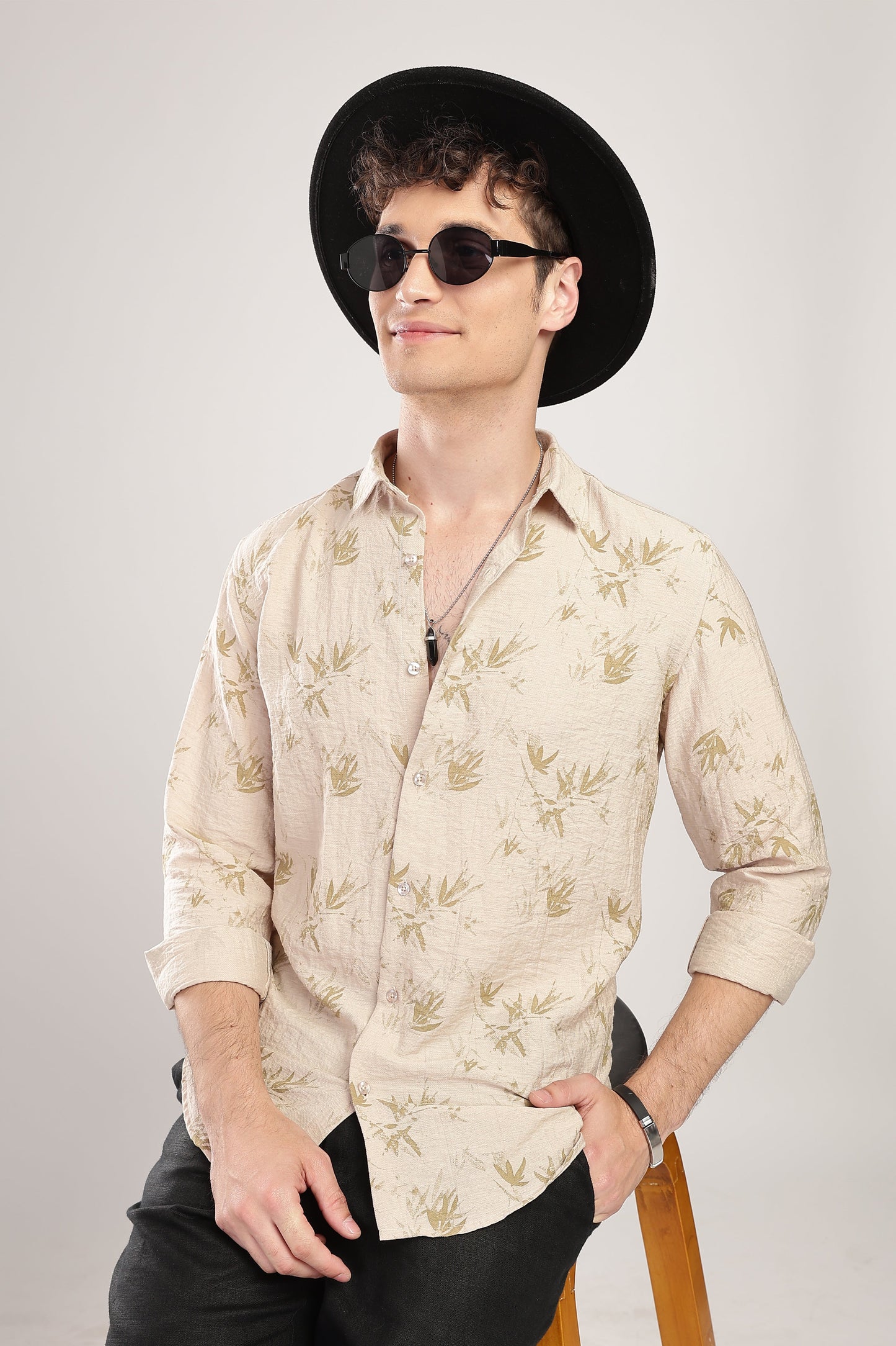 Men Linen Like Printed Shirt-Beige