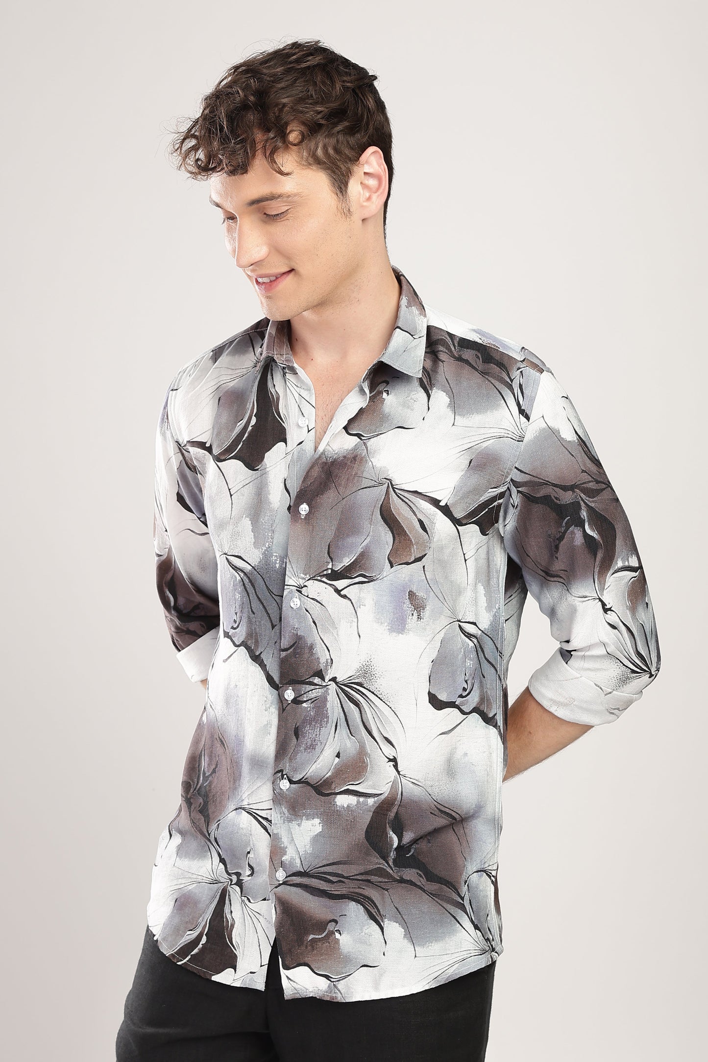 Men Nylon Abstract Print Shirts-Lt Grey