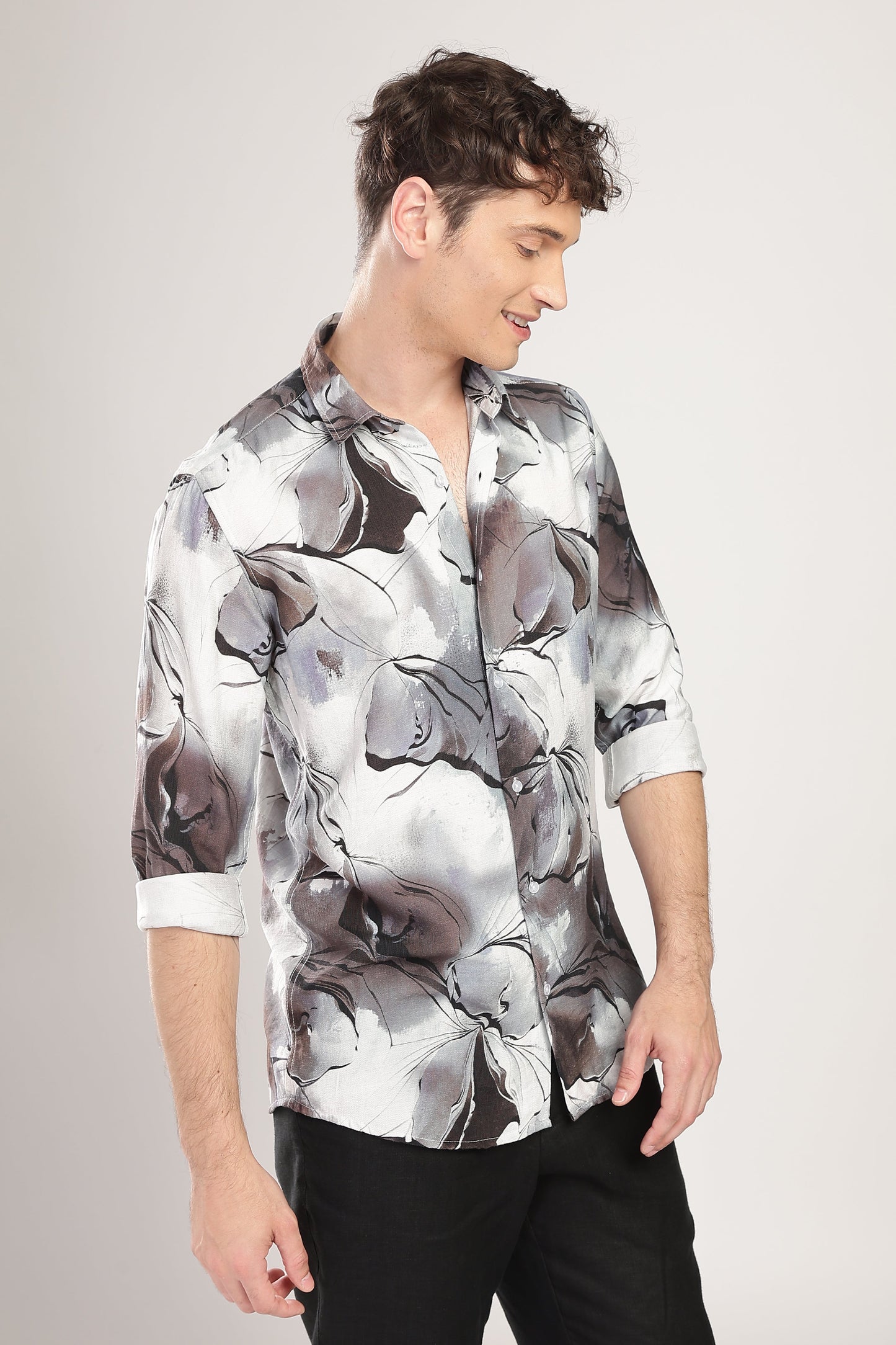 Men Nylon Abstract Print Shirts-Lt Grey