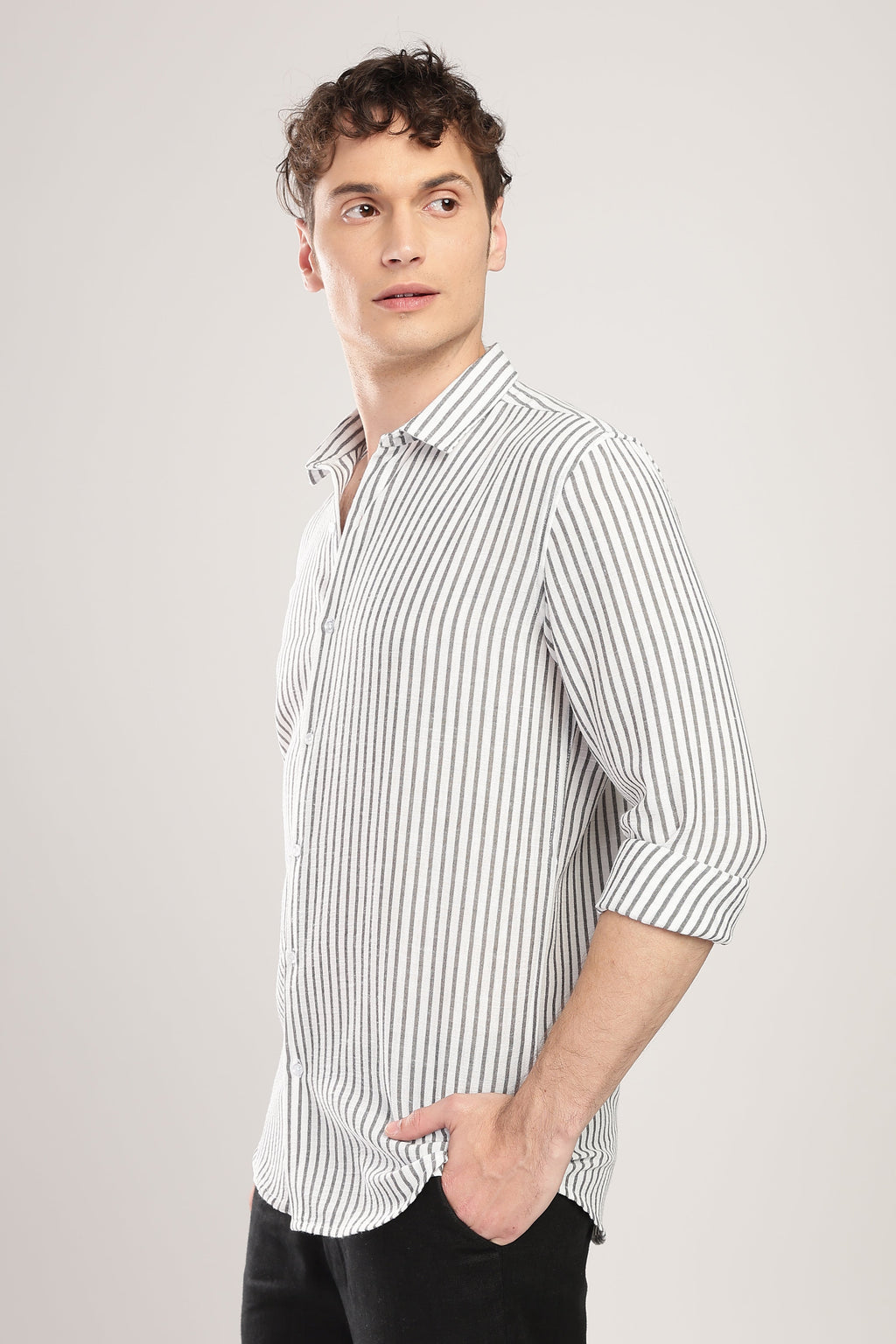 Men Linen Like Lining Shirt-Grey