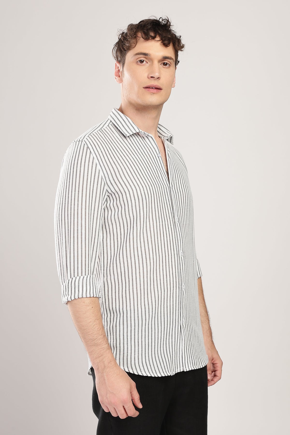 Men Linen Like Lining Shirt-Grey