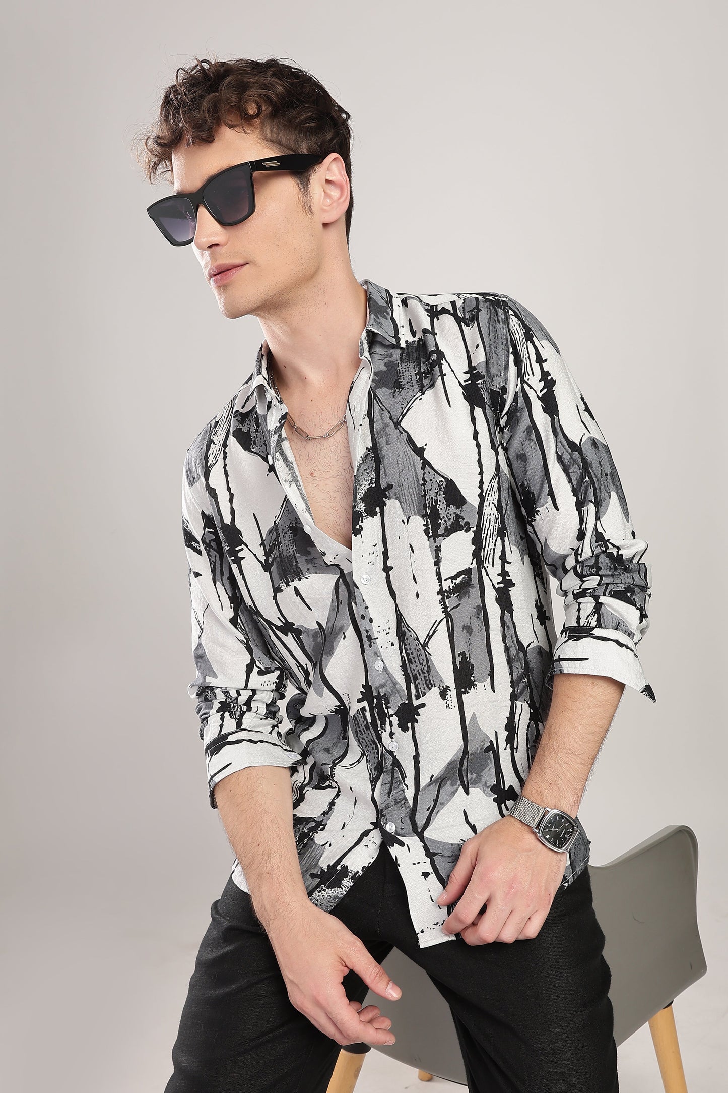 Men Nylon Abstract Print Shirts-Grey