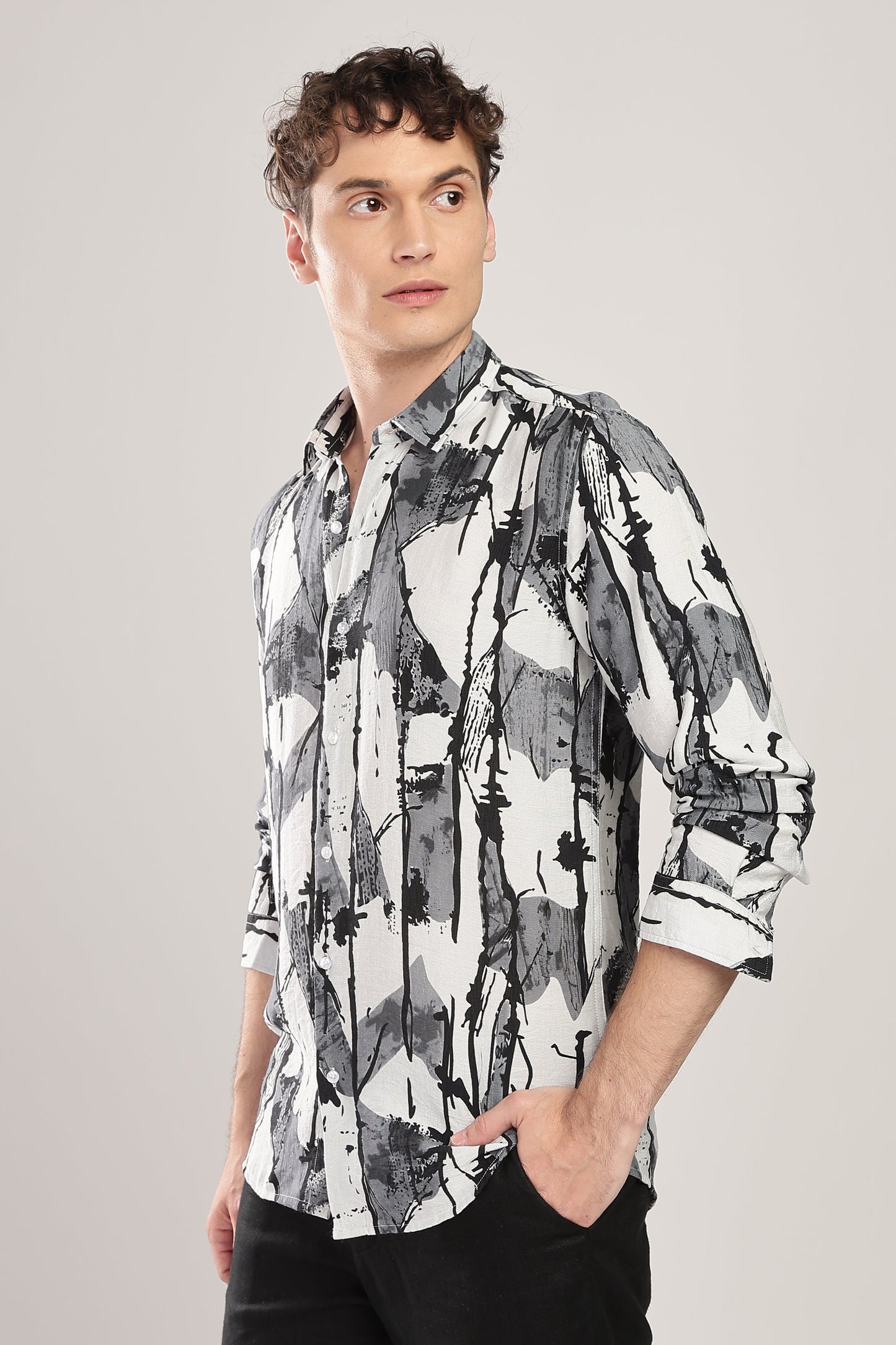 Men Nylon Abstract Print Shirts-Grey