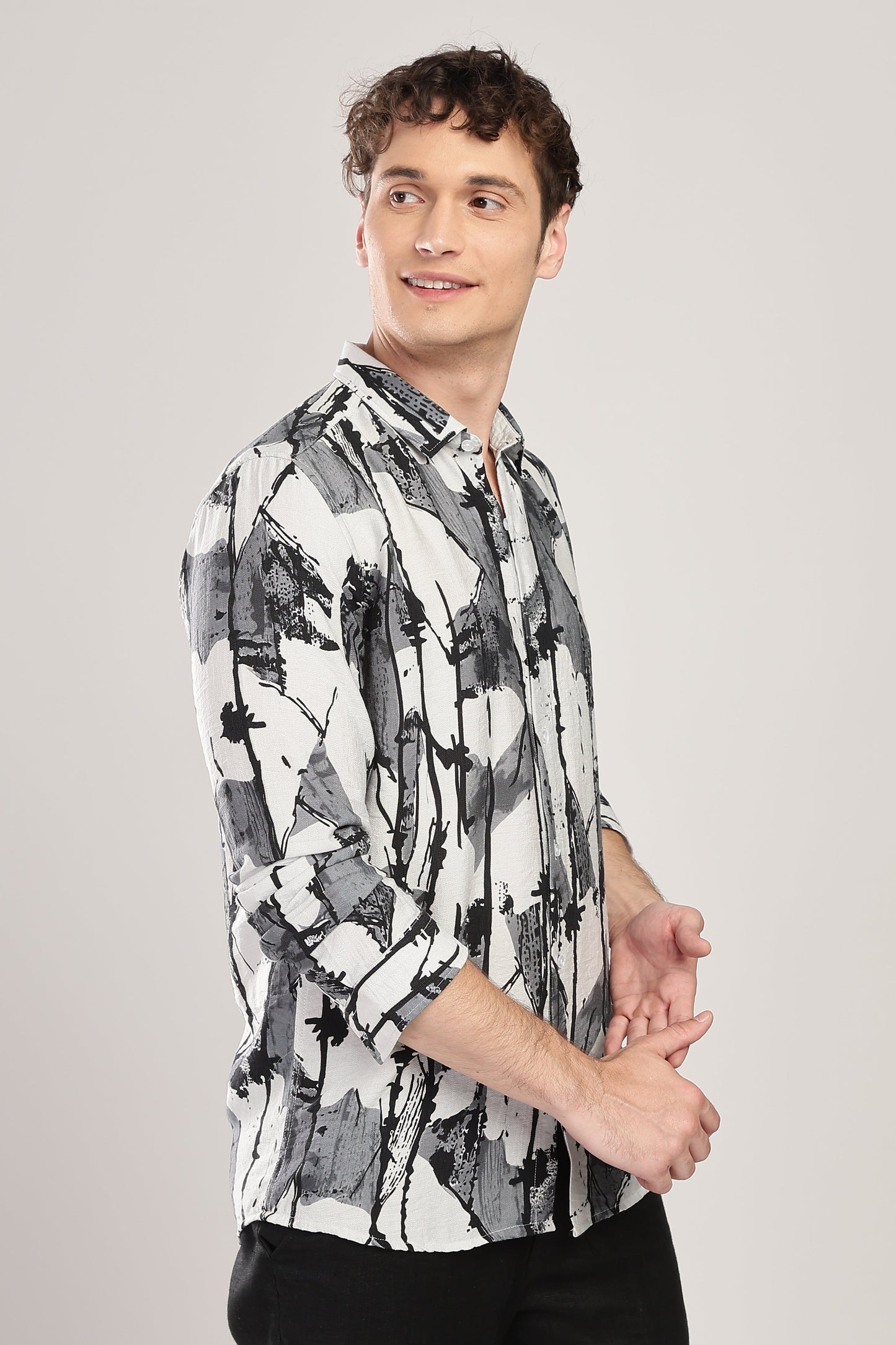 Men Nylon Abstract Print Shirts-Grey