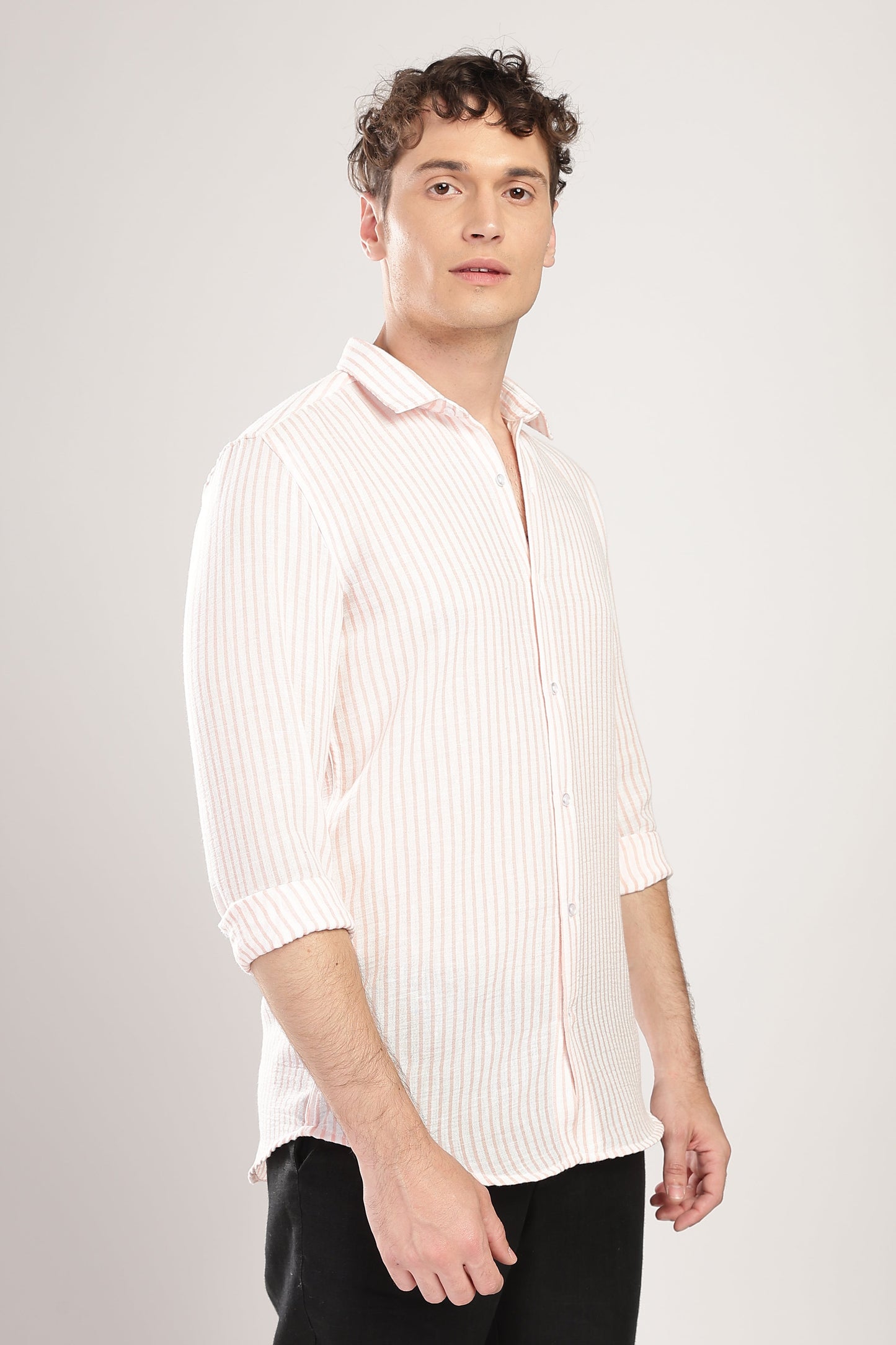 Men Linen Like Lining Shirt-Pink