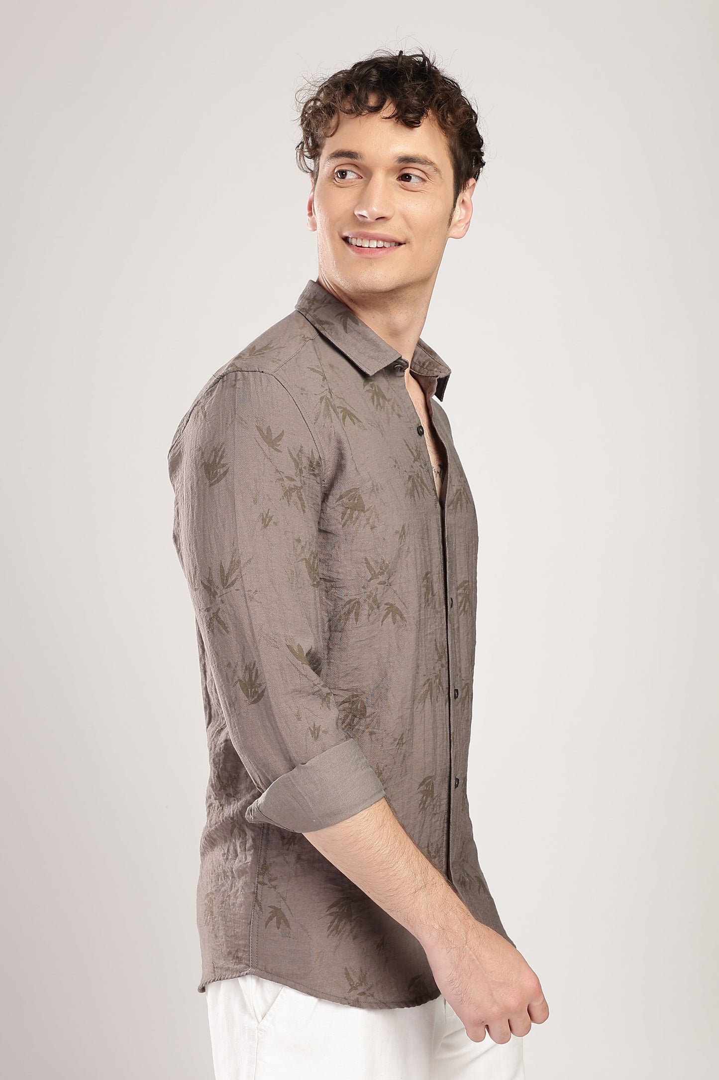Men Linen Like Printed Shirt-Grey