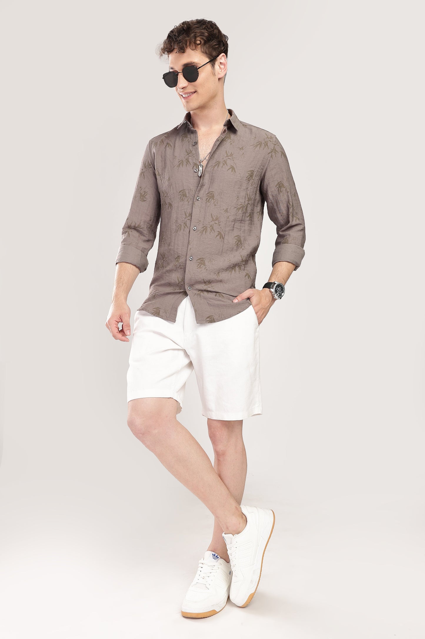 Men Linen Like Printed Shirt-Grey