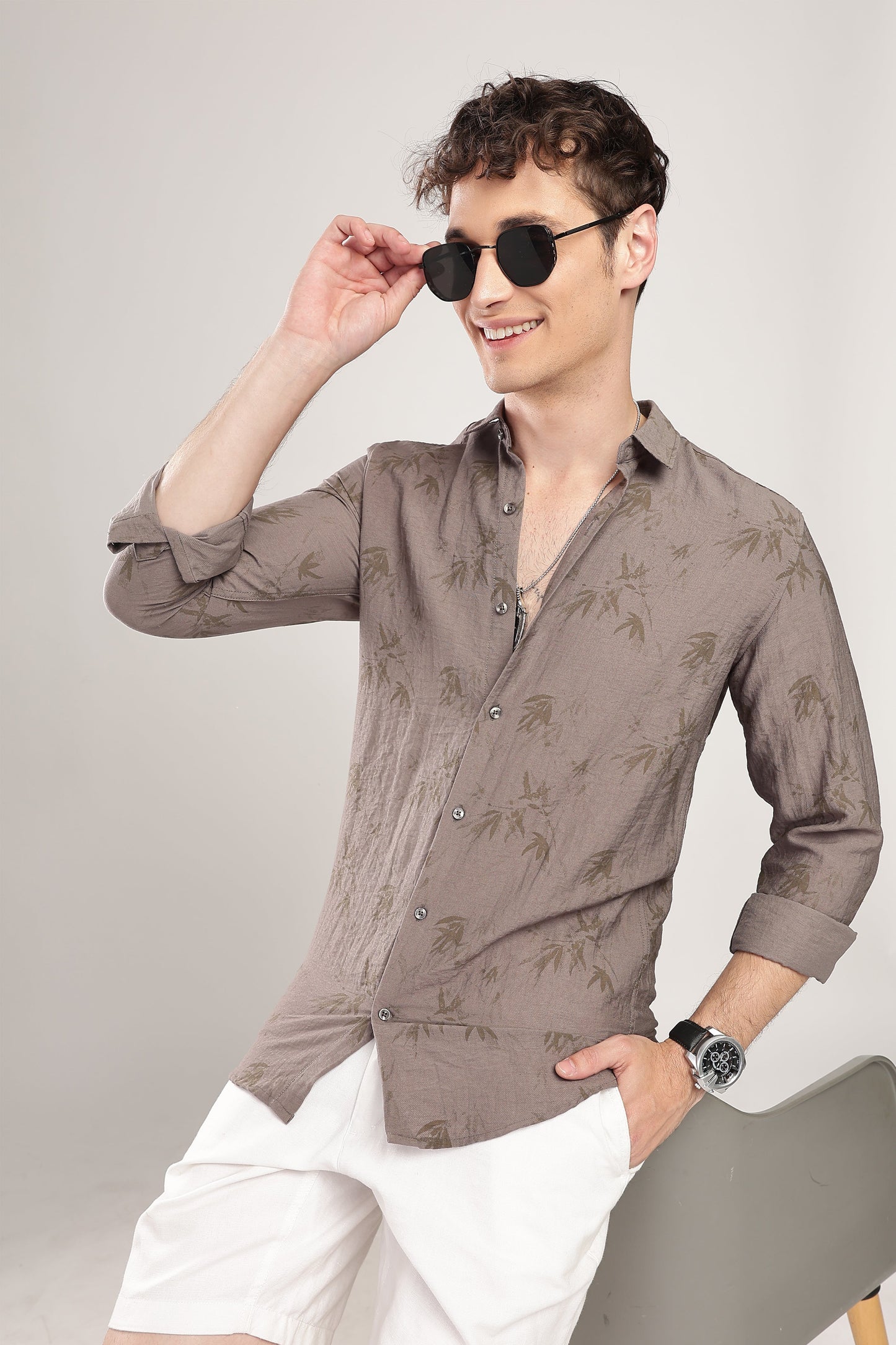 Men Linen Like Printed Shirt-Grey