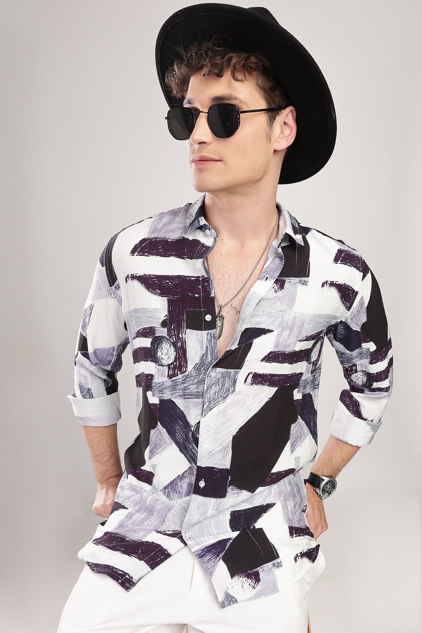 Men Nylon Abstract Print Shirts-Purple