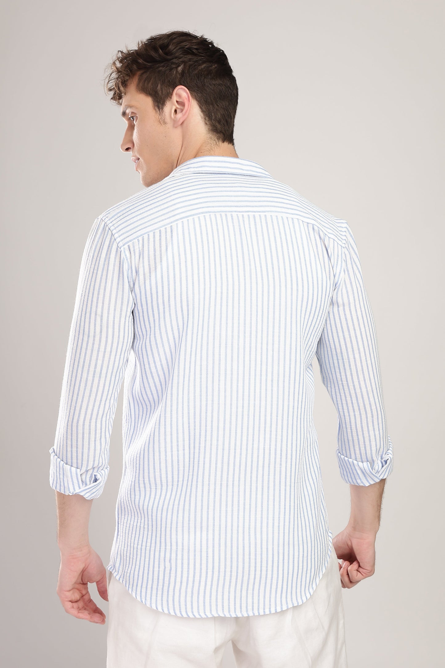 Men Linen Like Lining Shirt-Sky Blue