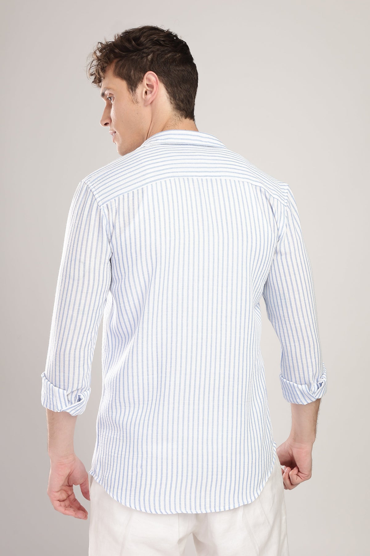 Men Linen Like Lining Shirt-Sky Blue