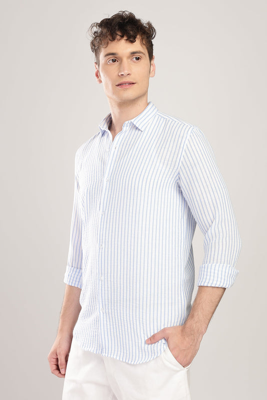 Men Linen Like Lining Shirt-Sky Blue
