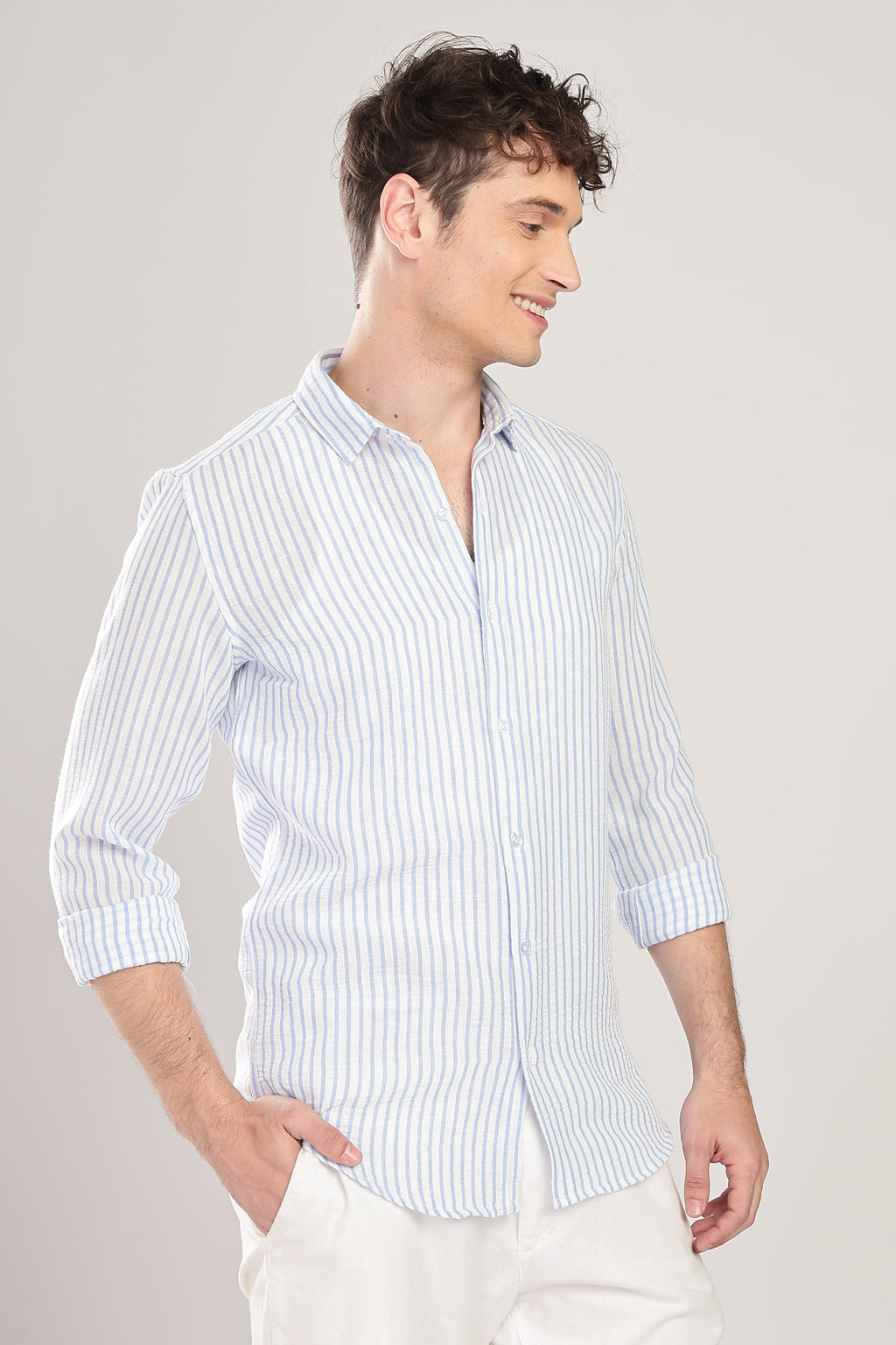 Men Linen Like Lining Shirt-Sky Blue