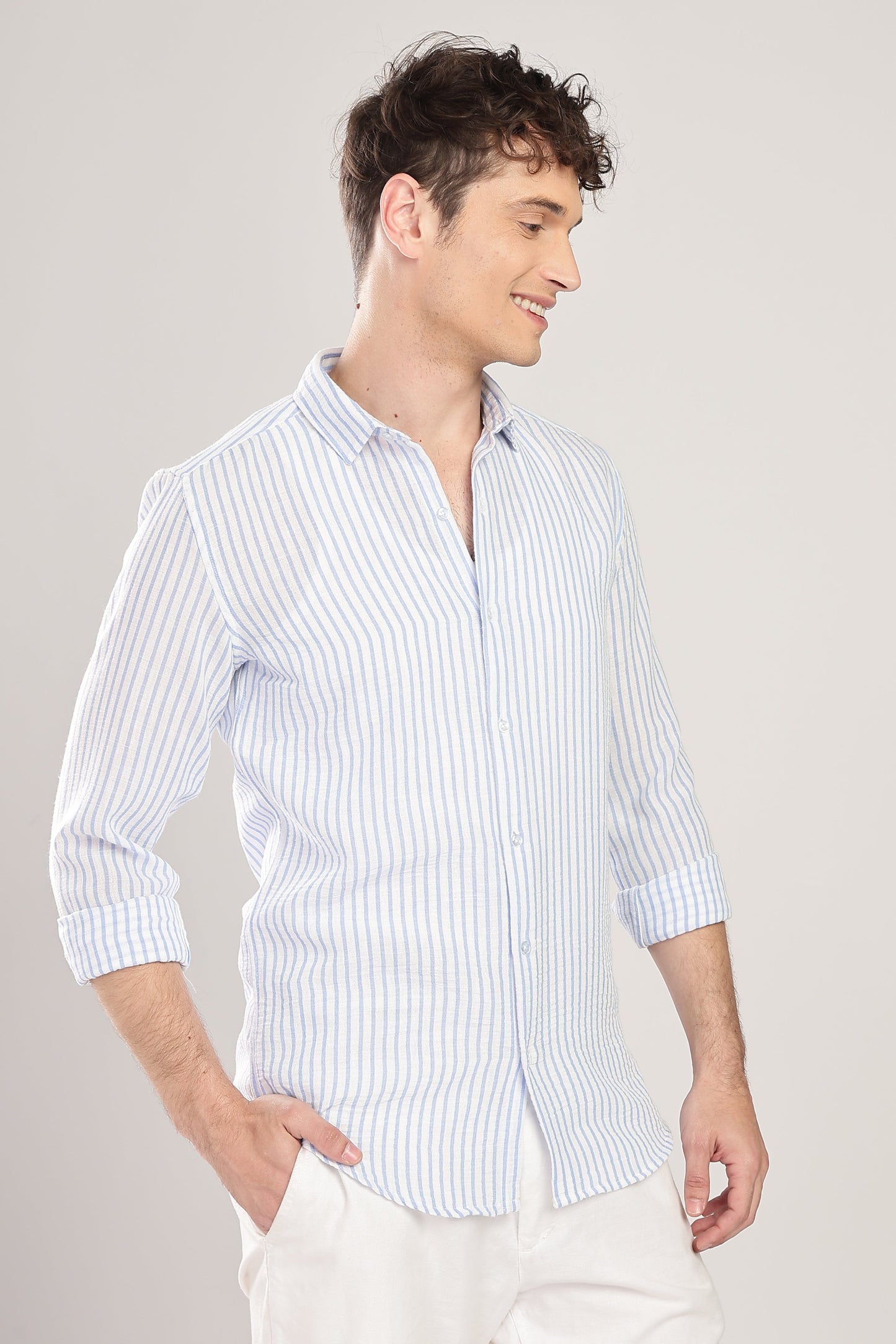 Men Linen Like Lining Shirt-Sky Blue