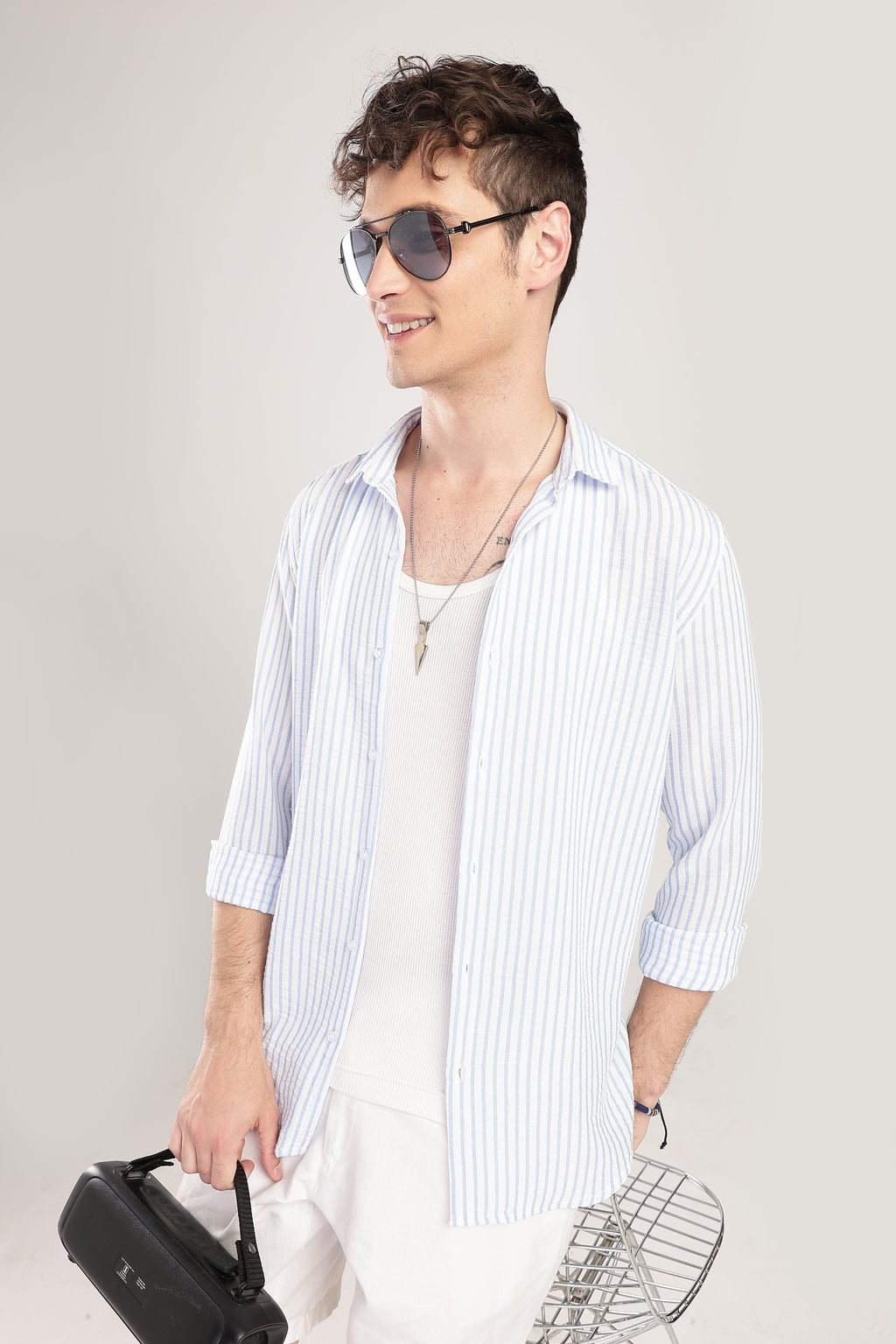 Men Linen Like Lining Shirt-Sky Blue