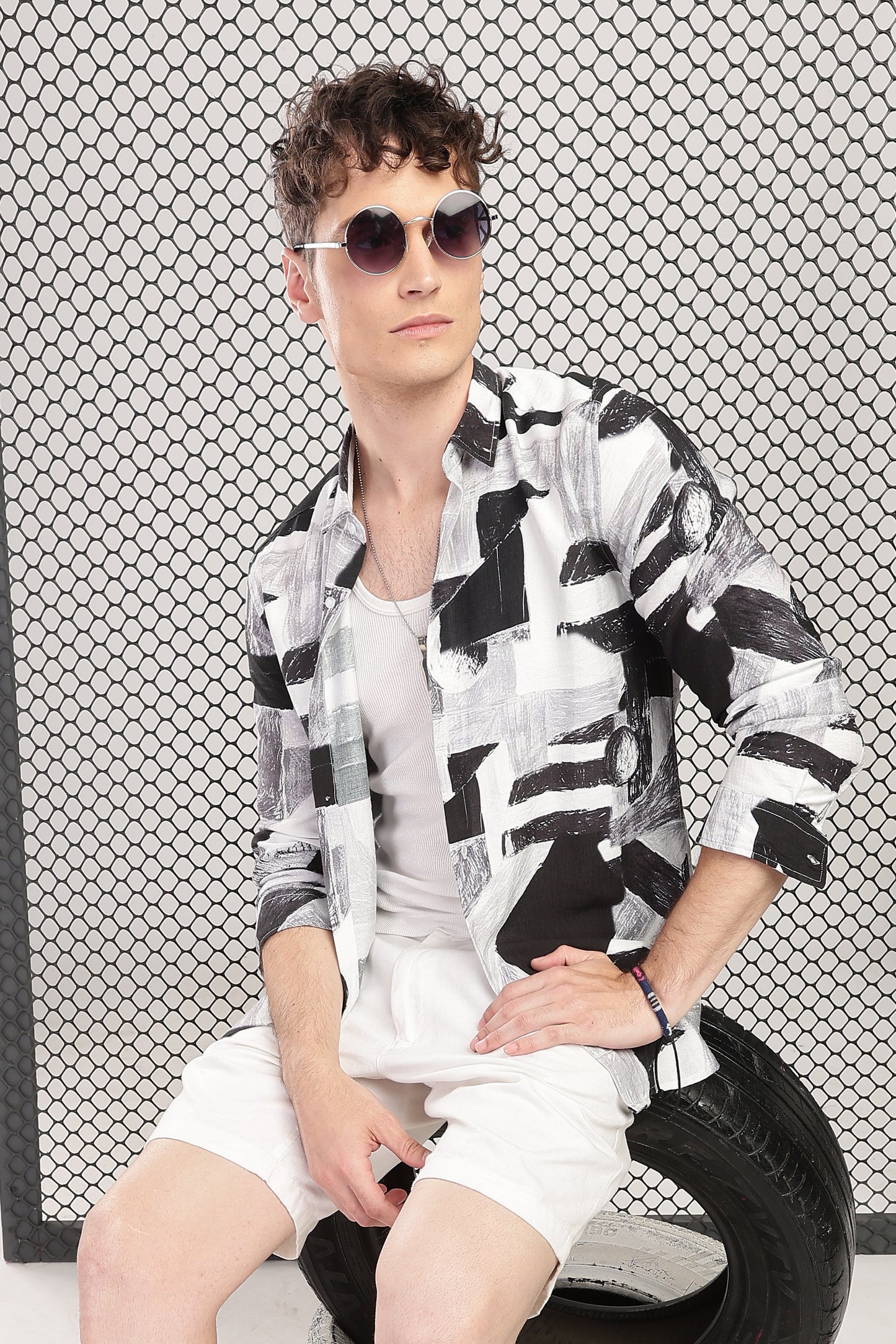 Men Nylon Abstract Print Shirts-Black