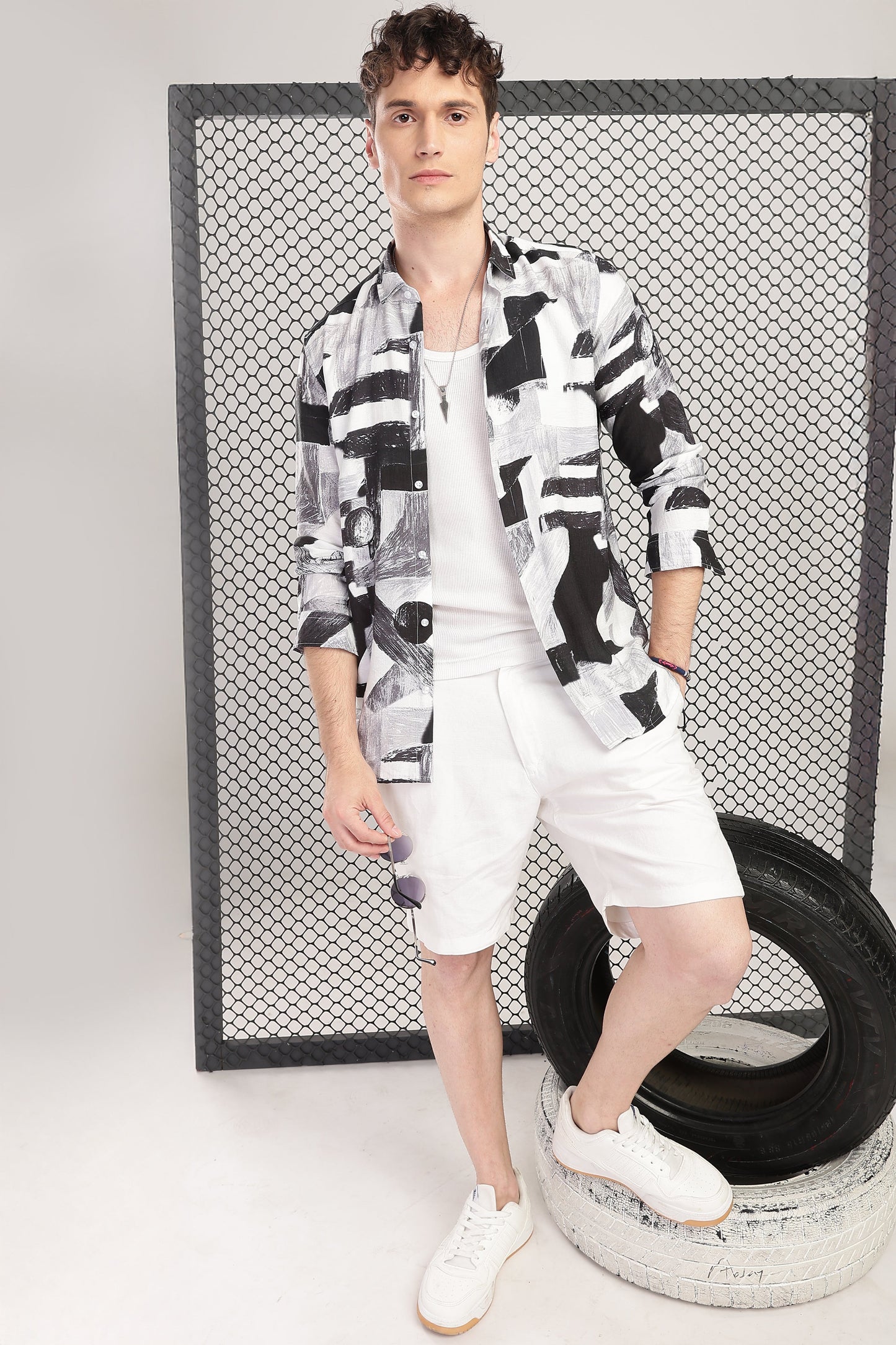 Men Nylon Abstract Print Shirts-Black
