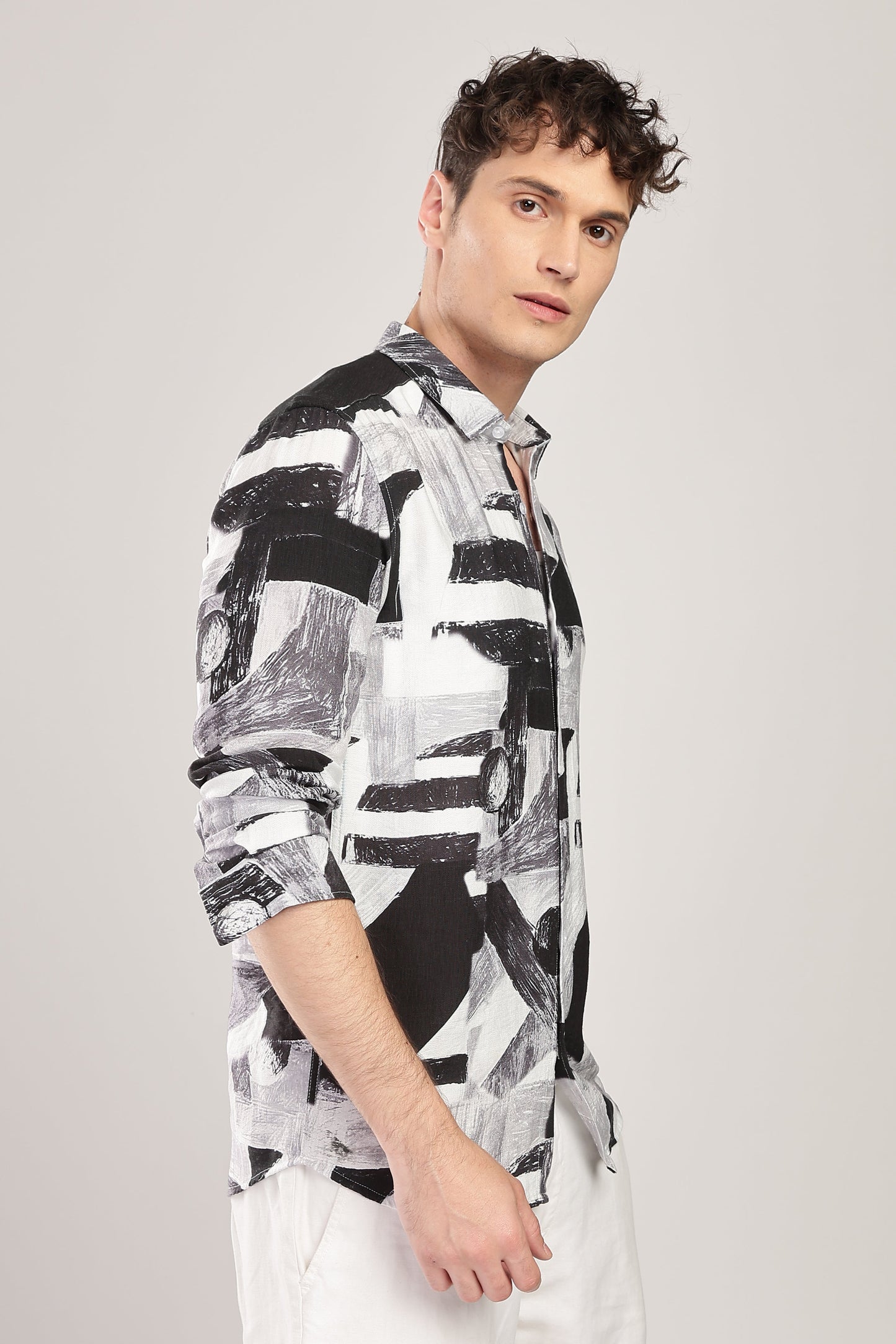 Men Nylon Abstract Print Shirts-Black