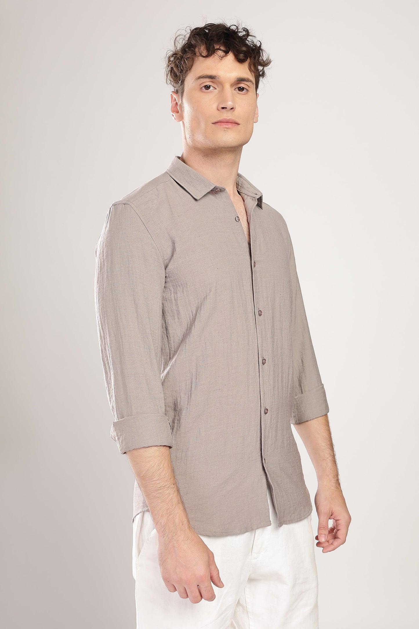 Men Linen Like Neps Shirts-Fawn