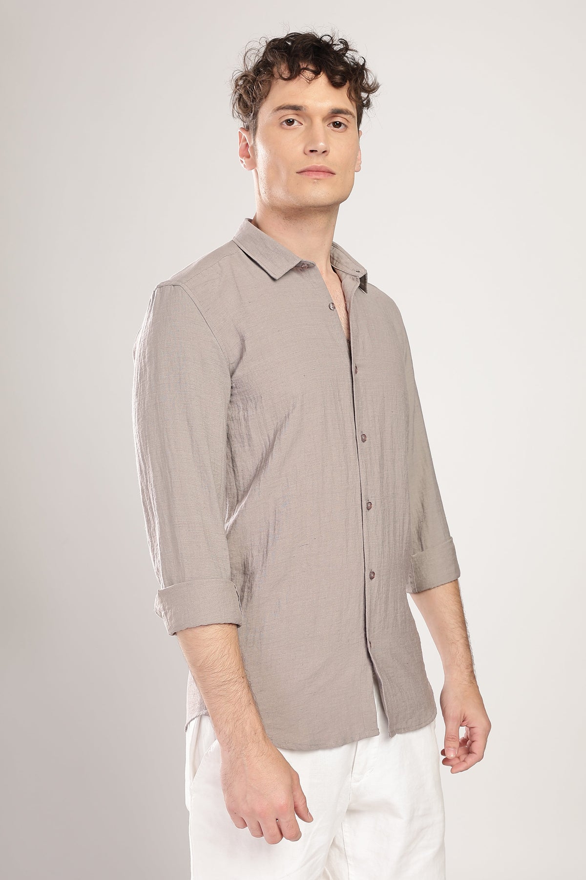 Men Linen Like Neps Shirts-Fawn