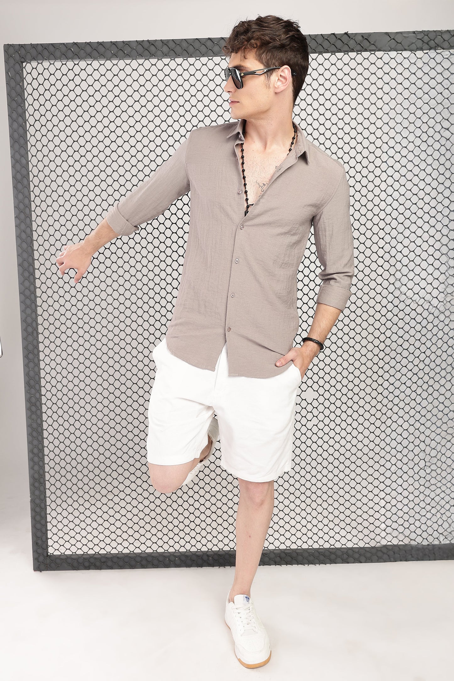 Men Linen Like Neps Shirts-Fawn
