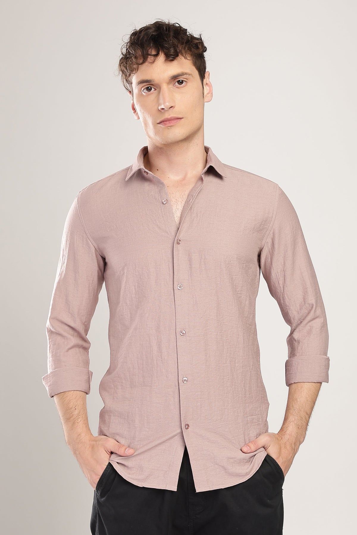 Men Linen Like Neps Shirts-Pink