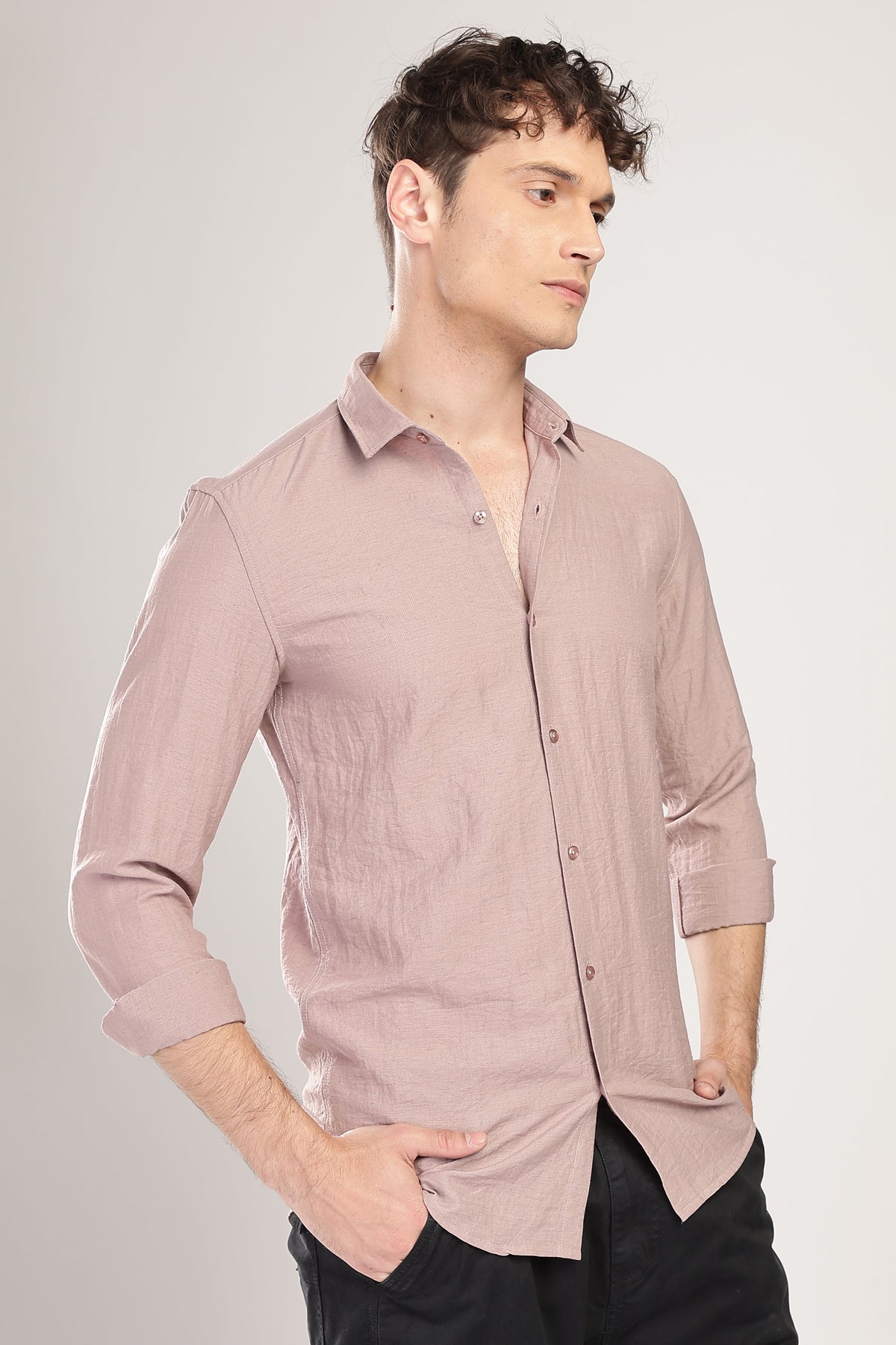 Men Linen Like Neps Shirts-Pink