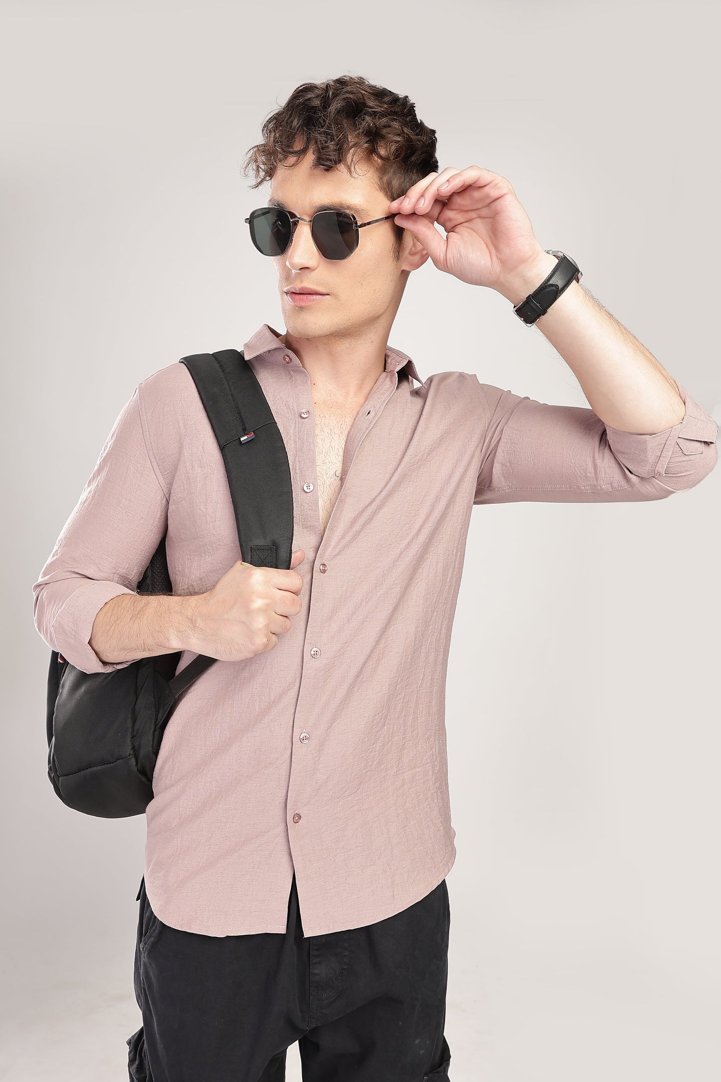 Men Linen Like Neps Shirts-Pink