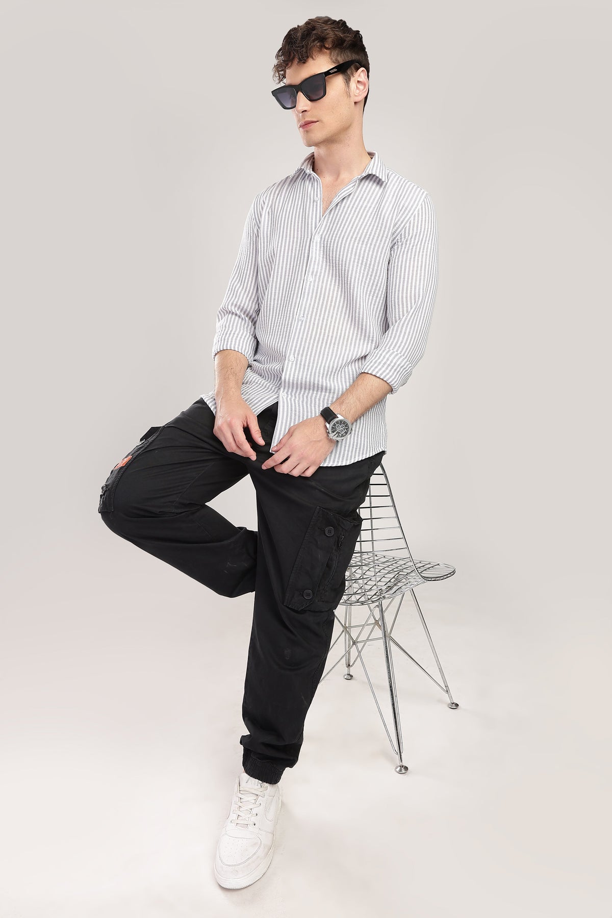 Men Linen Like Lining Shirt-Lt Grey