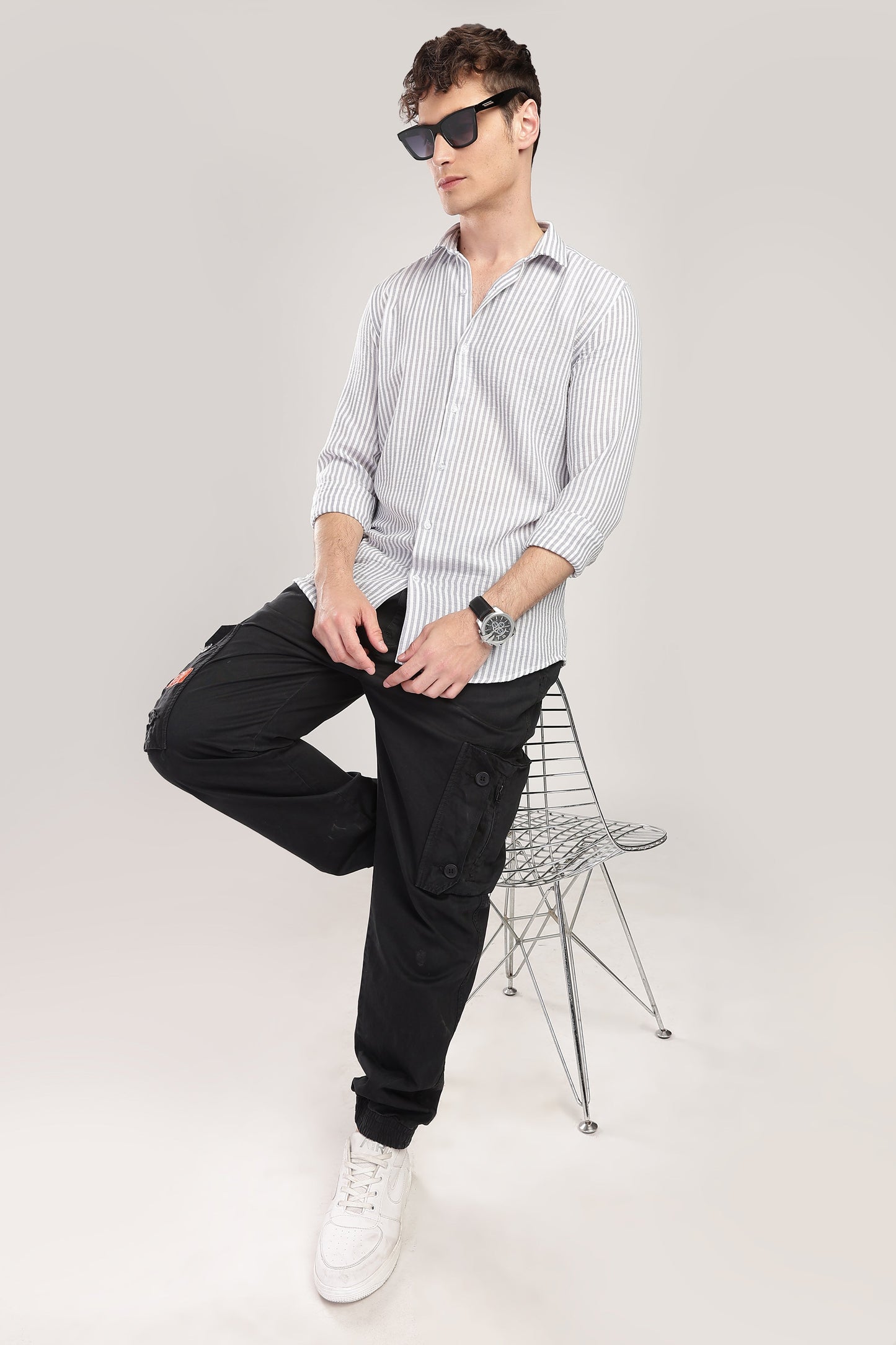 Men Linen Like Lining Shirt-Lt Grey