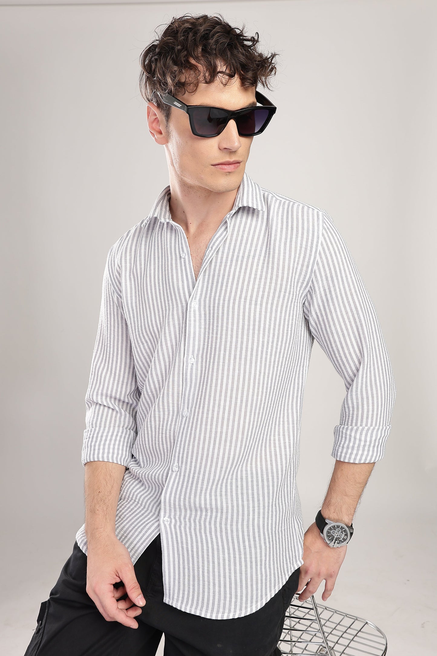 Men Linen Like Lining Shirt-Lt Grey