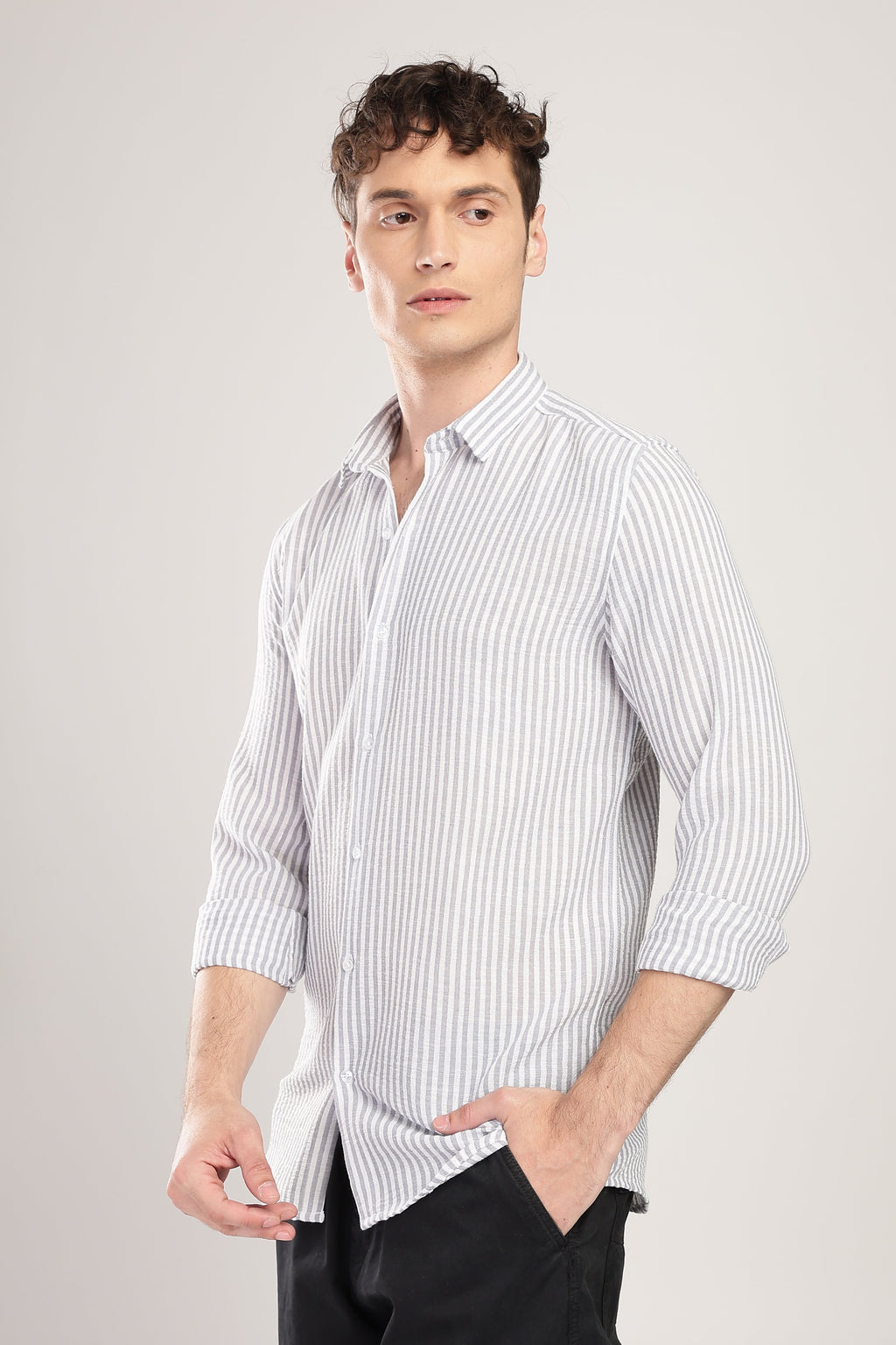 Men Linen Like Lining Shirt-Lt Grey