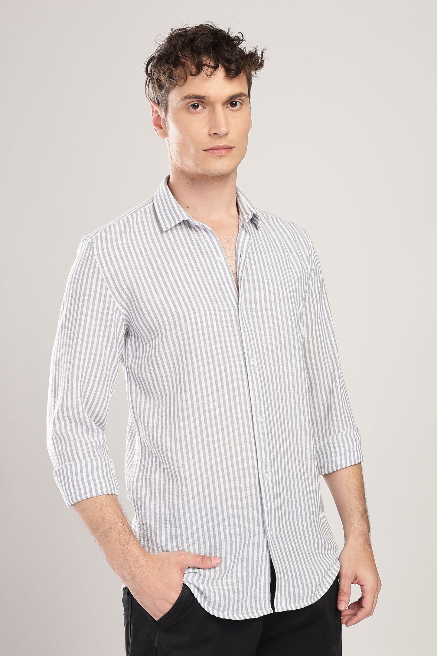 Men Linen Like Lining Shirt-Lt Grey